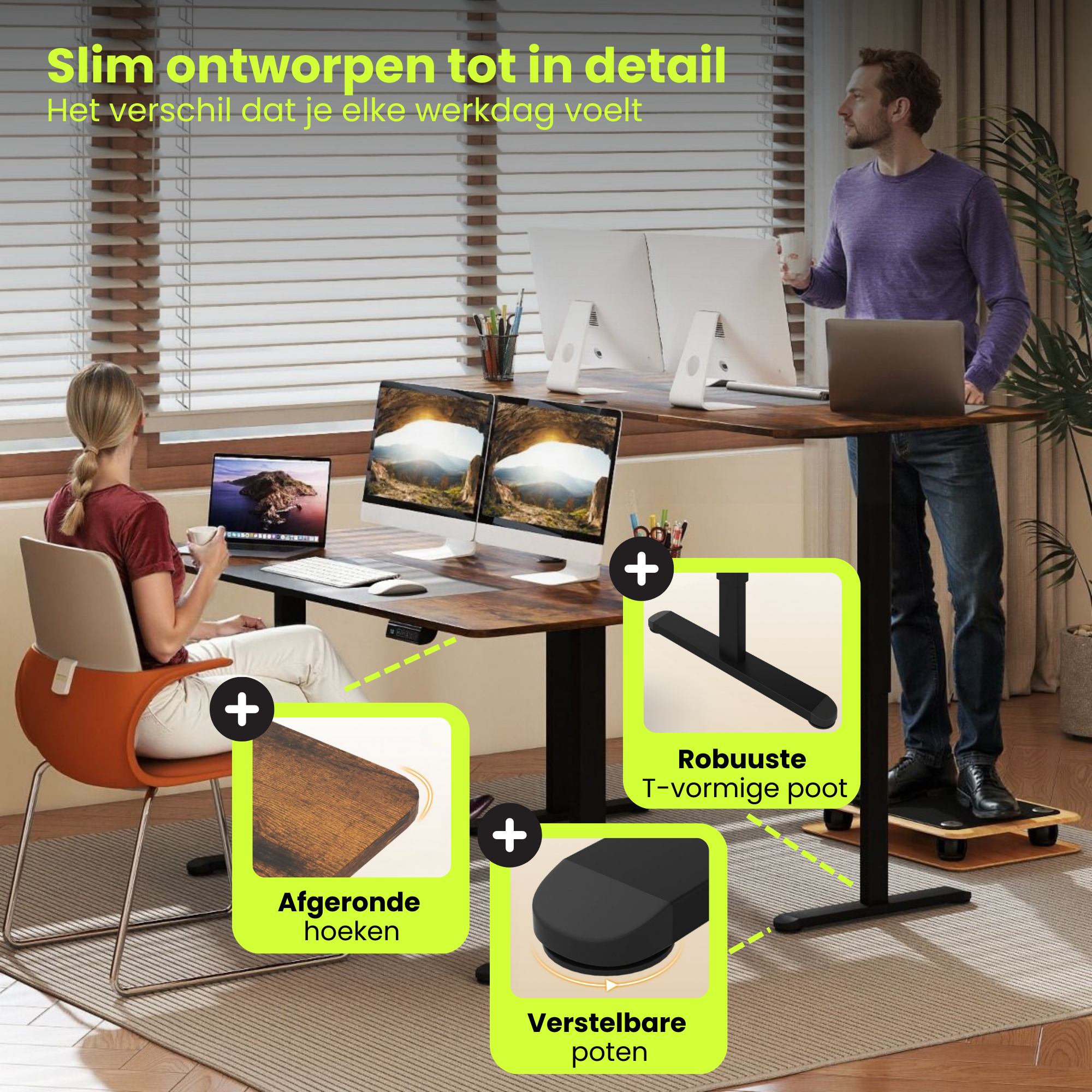 Elektrisch zit sta bureau 140x70 met botsbeveiliging en kinderslot bruin met verstelbare poten en robuuste T-poot