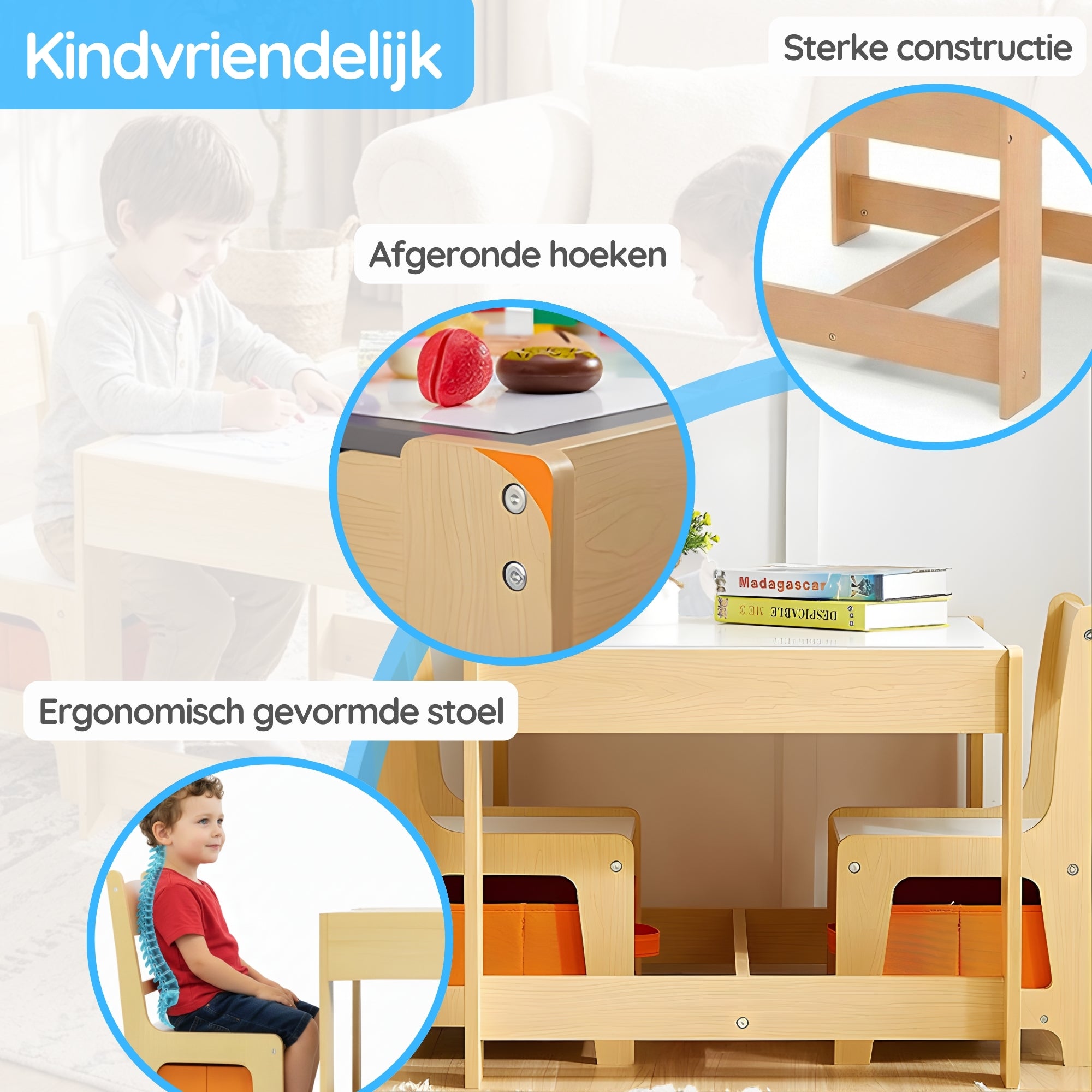kindertafel met stoeltjes met krijtbord, whiteboard en slimme opbergruimte met ergonomische stoelen en stevige constructie