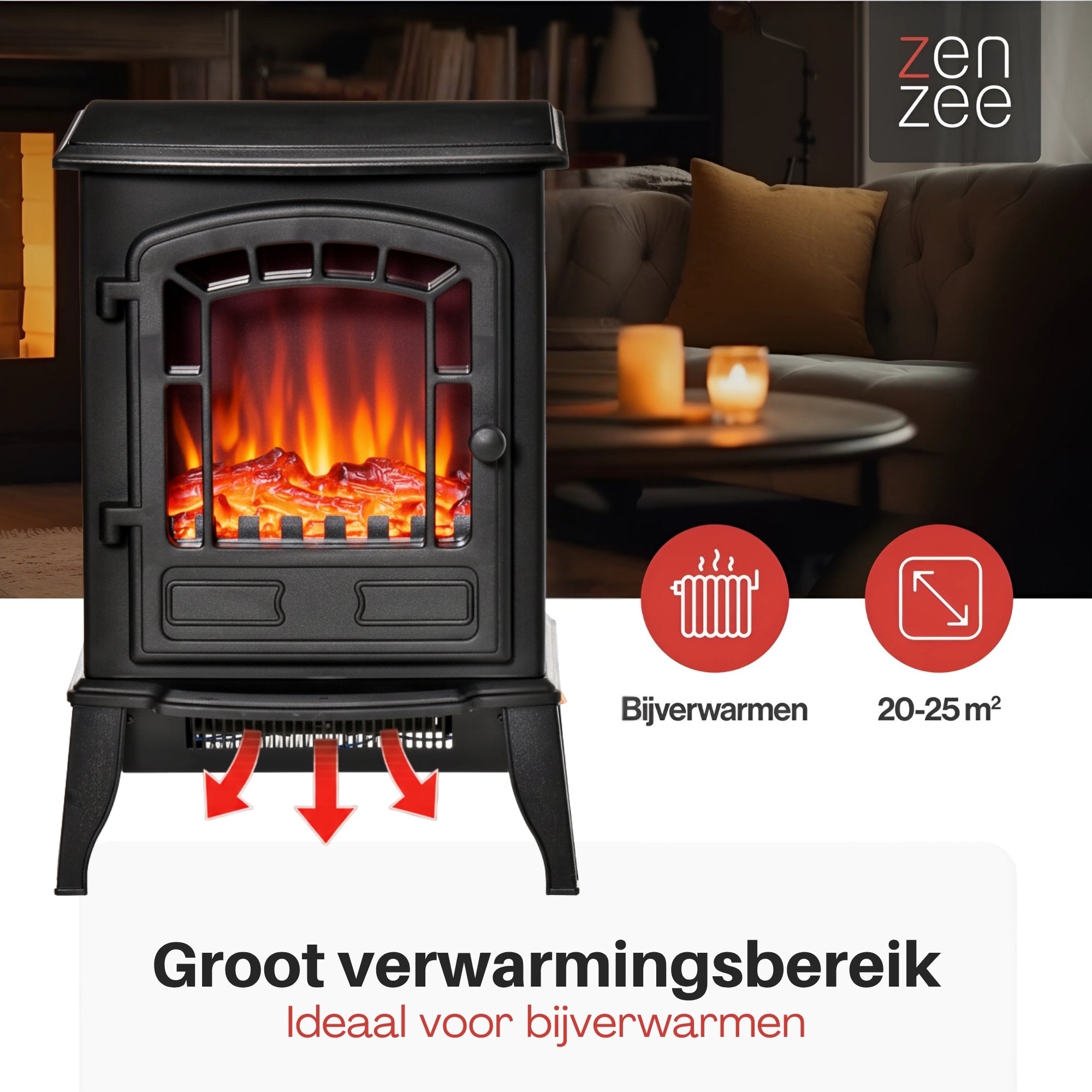 Sfeerhaard Elektrisch Vrijstaand - Elektrische kachel – 1000/2000W Zwart met realistisch vlameffect en sfeerverwarming voor 20-25 m²