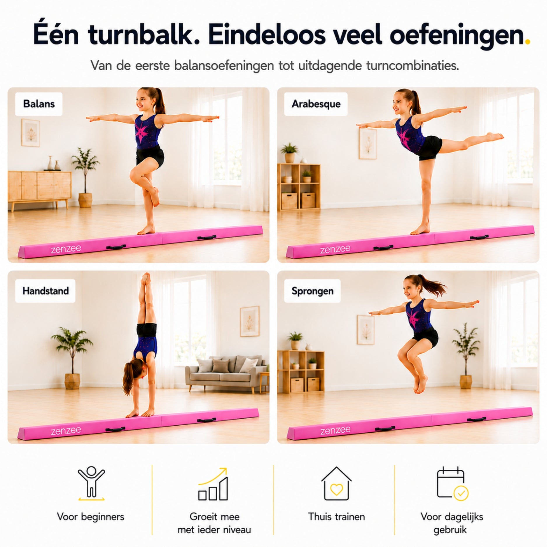 Turnbalk roze 300 cm – balans trainer met draagtas. Ideaal voor thuis | Zenzee