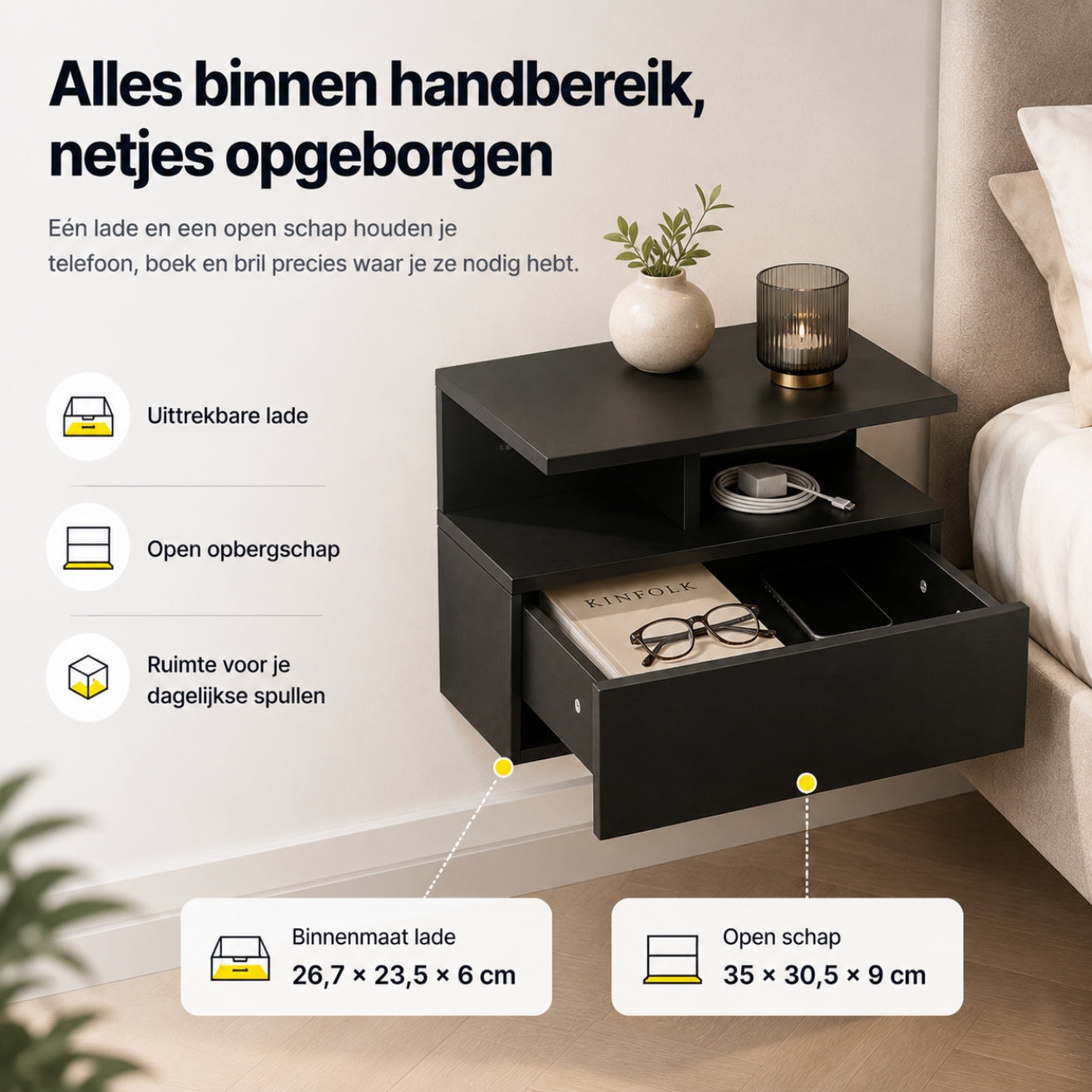 Zwevende nachtkastjes set van 2 met lade en open vak voor slaapkamer zwart | Zenzee