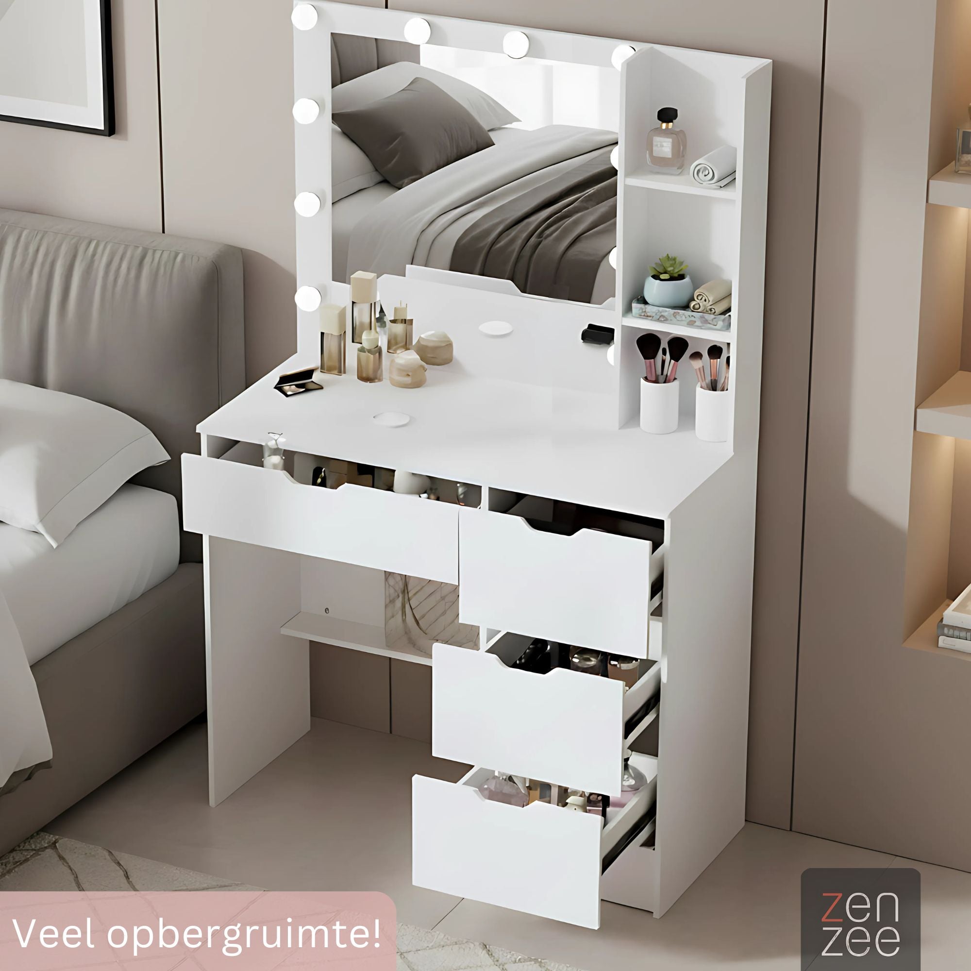 Kaptafel wit met Hollywood spiegel LED en ruime lades voor make-up | Zenzee