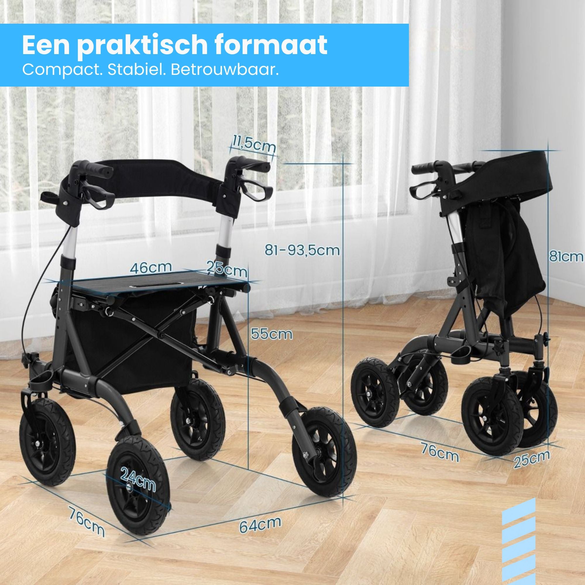 Rollator met all-terrain luchtbanden en comfortabele zitfunctie zwart met verstelbare hoogte en compact frame voor stabiliteit