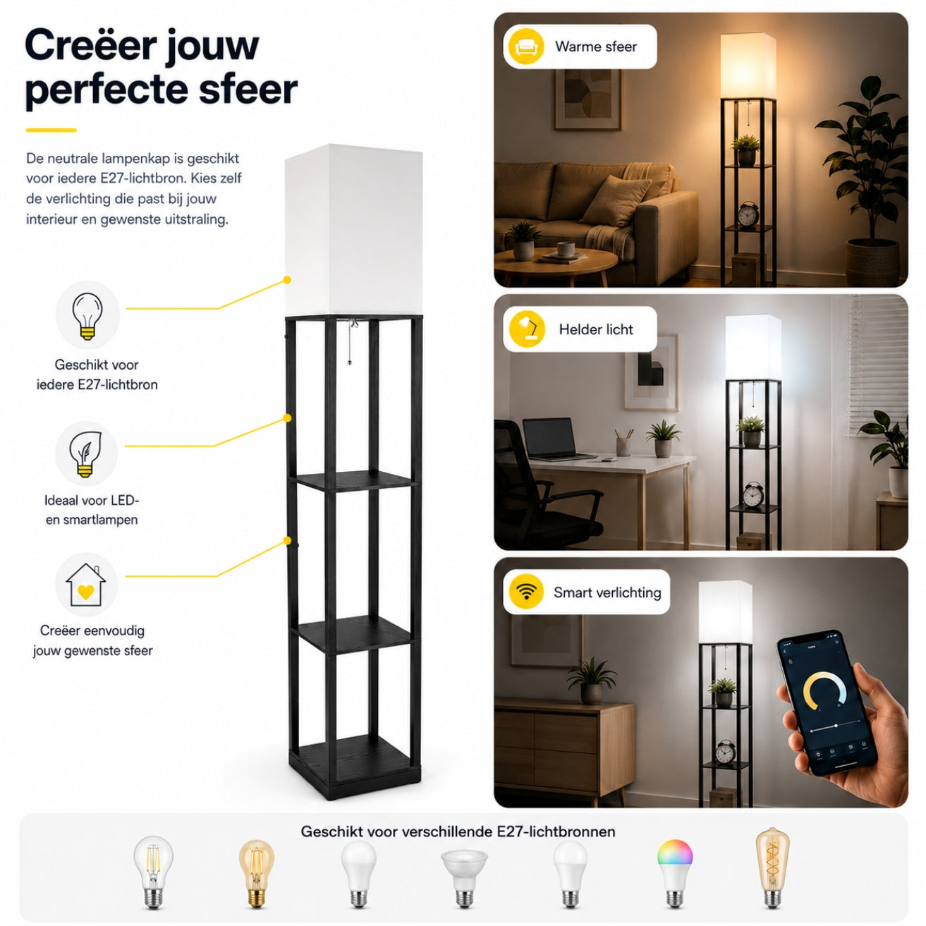 Staande vloerlamp met opbergruimte 26x26x160 cm – functioneel en modern design | Zenzee
