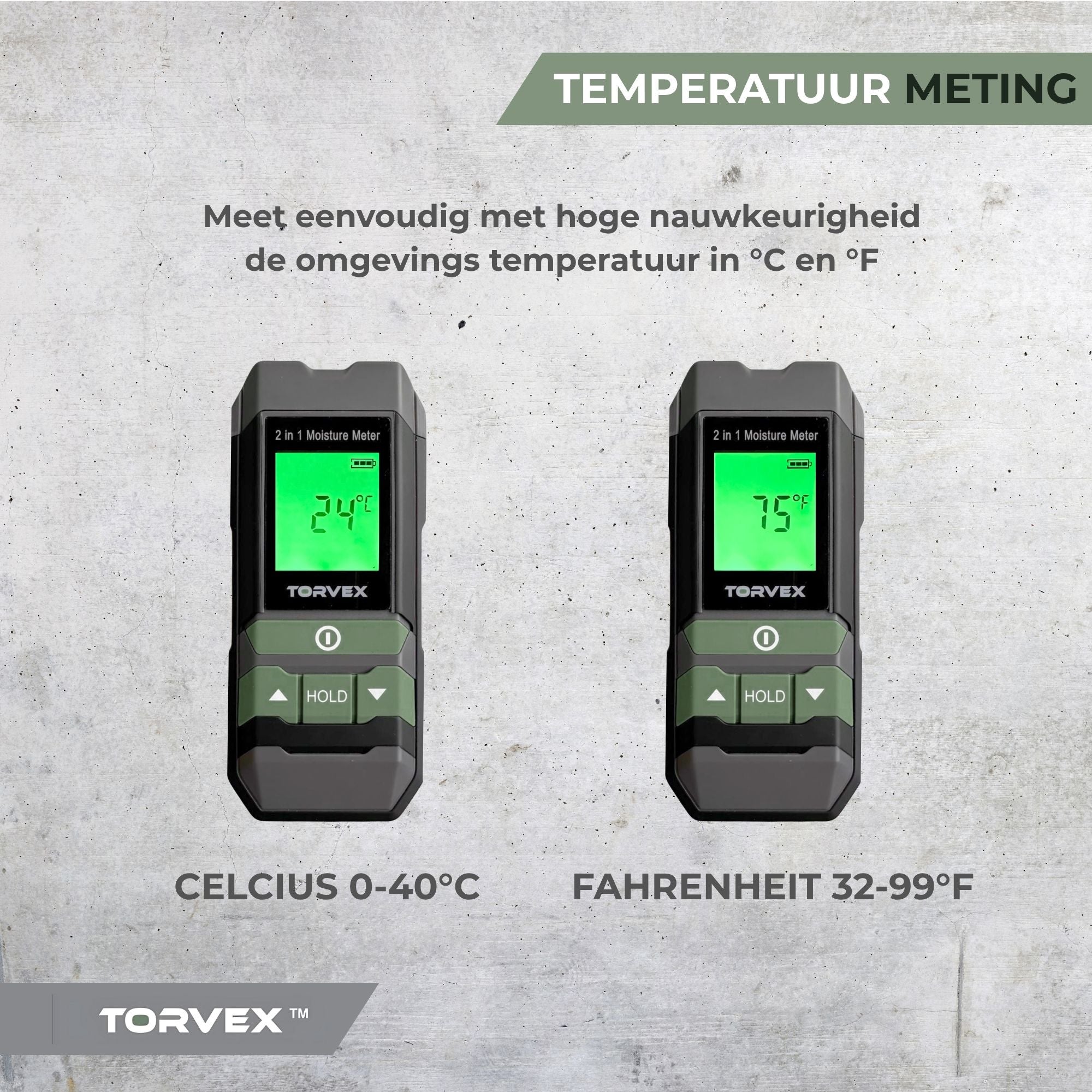 Torvex 3 in 1 digitale vochtmeter – Temperatuurmeter - Vochtmeter muren – Voor hout en bouwmaterialen – Incl. batterijen & opberghoes