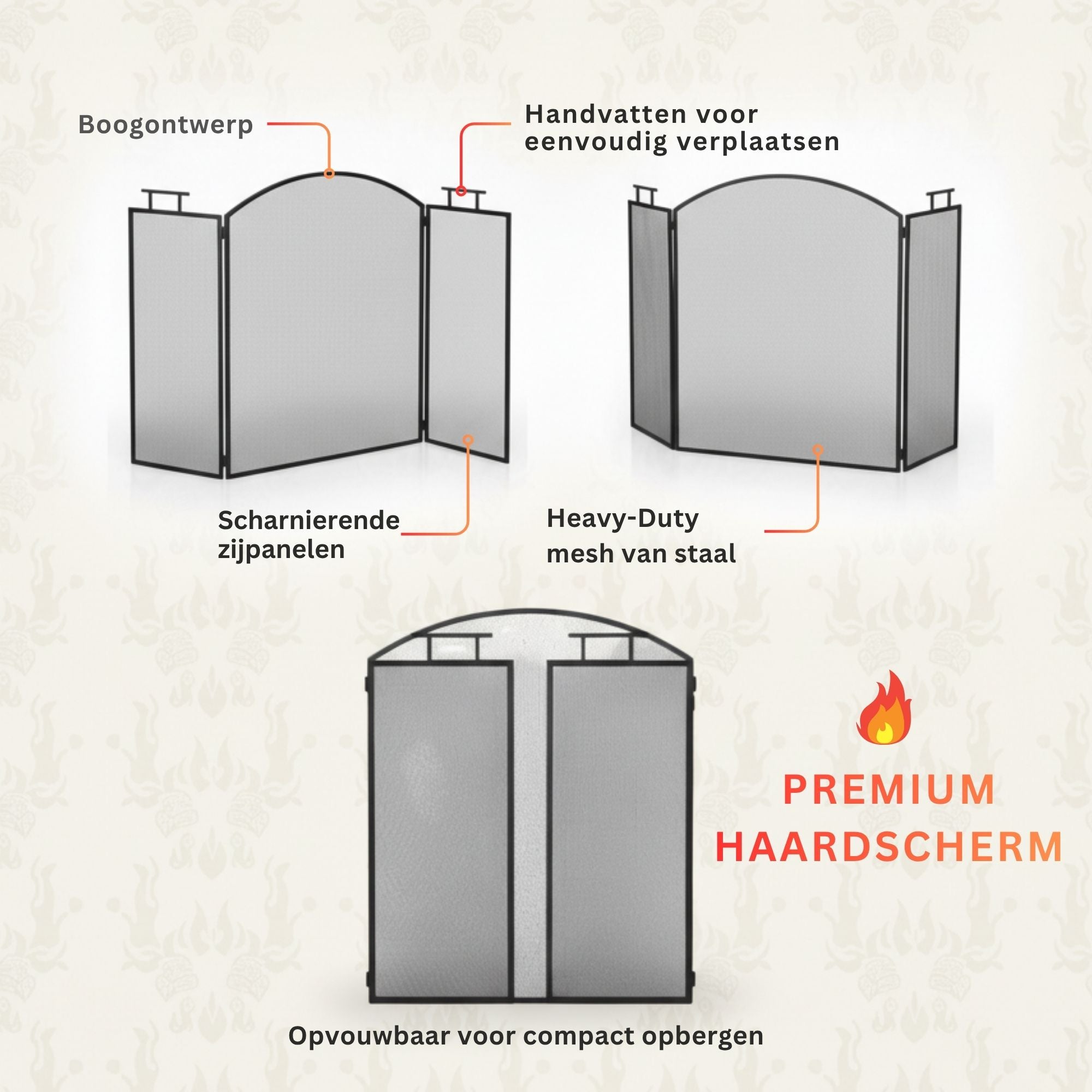Zwart haardscherm 128x77 cm met vonkenscherm voor veilige warmte en bescherming bij open haard of kachel, scharnierend en klapbaar