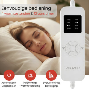 Elektrische warmtedeken XL 190x80 cm met timer voor veilige en gerichte warmte | Zenzee bedieningspaneel met 4 warmte standen