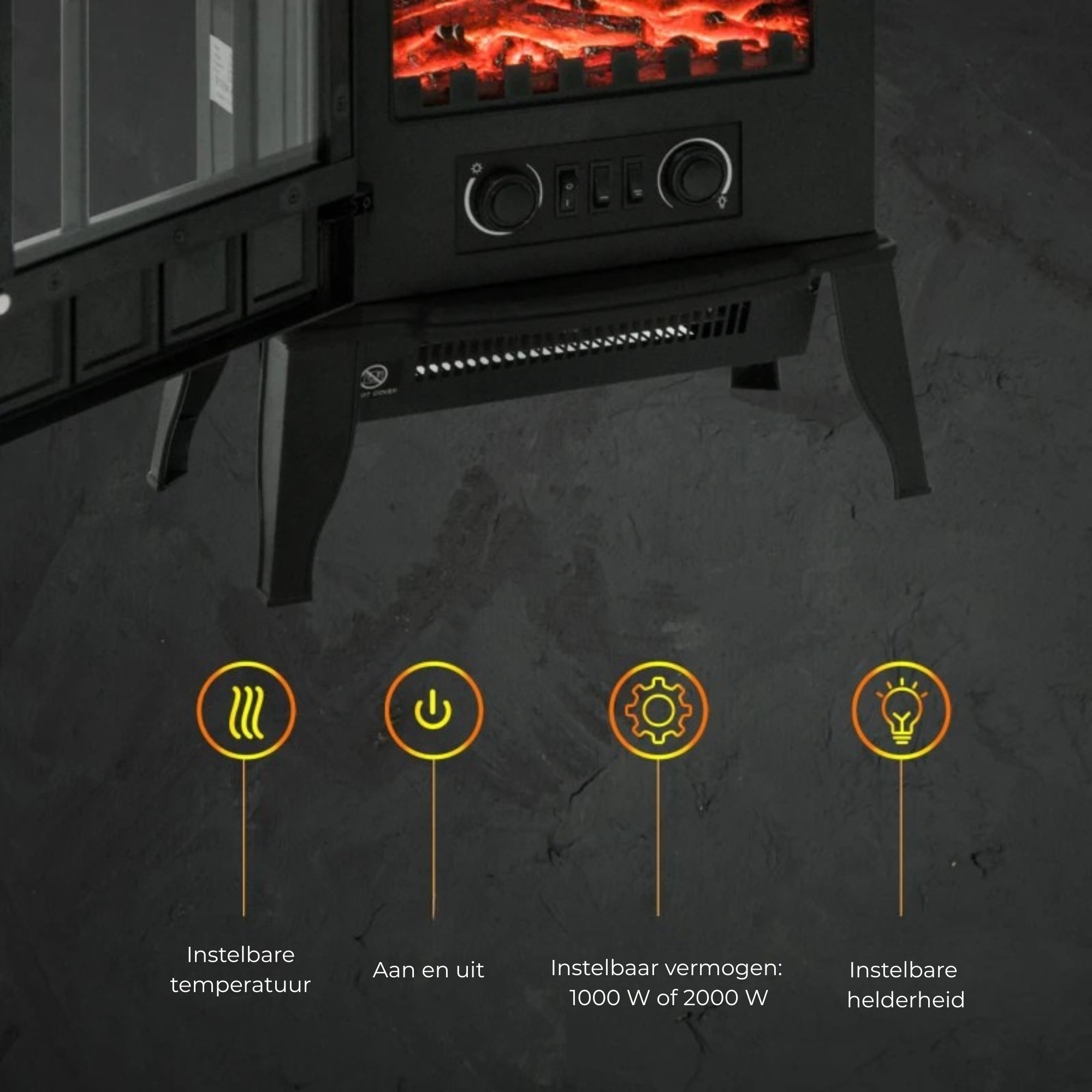 Vrijstaande zwarte elektrische sfeerhaard met thermostaat 2000 W met instelbare temperatuur en helderheid voor warme sfeer