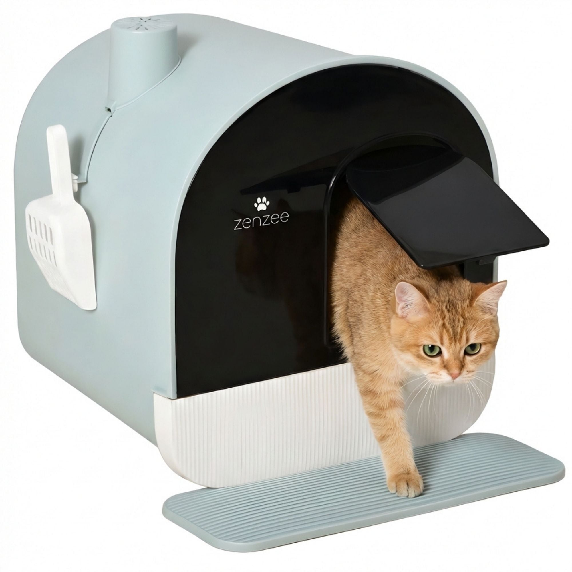 Praktische kattenbak met uitneembare lade, kattenbak mat en schep compleet Groen | Zenzee met kat die eruit loopt