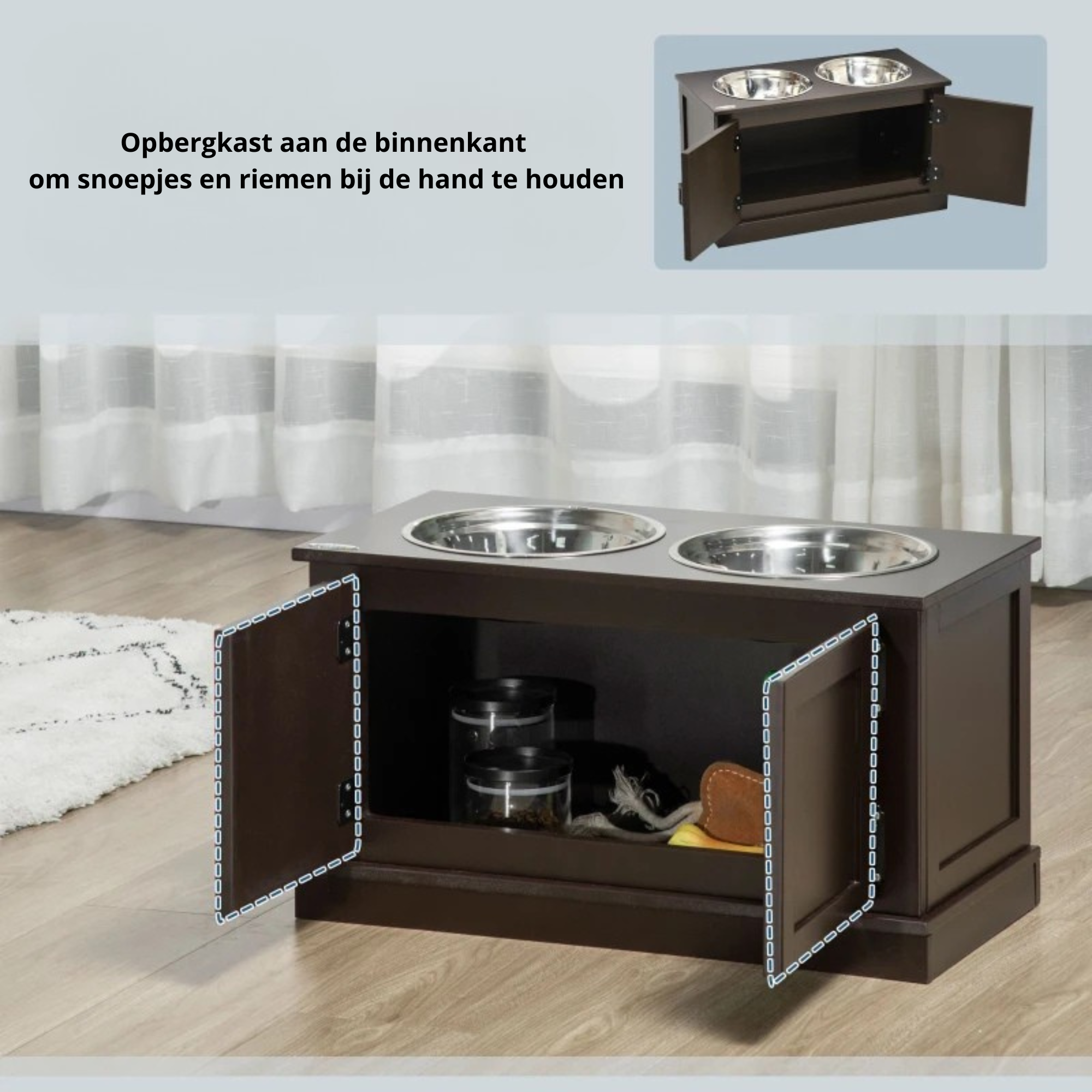 Hondenvoerbak met opbergruimte van MDF en RVS in bruin houtdesign