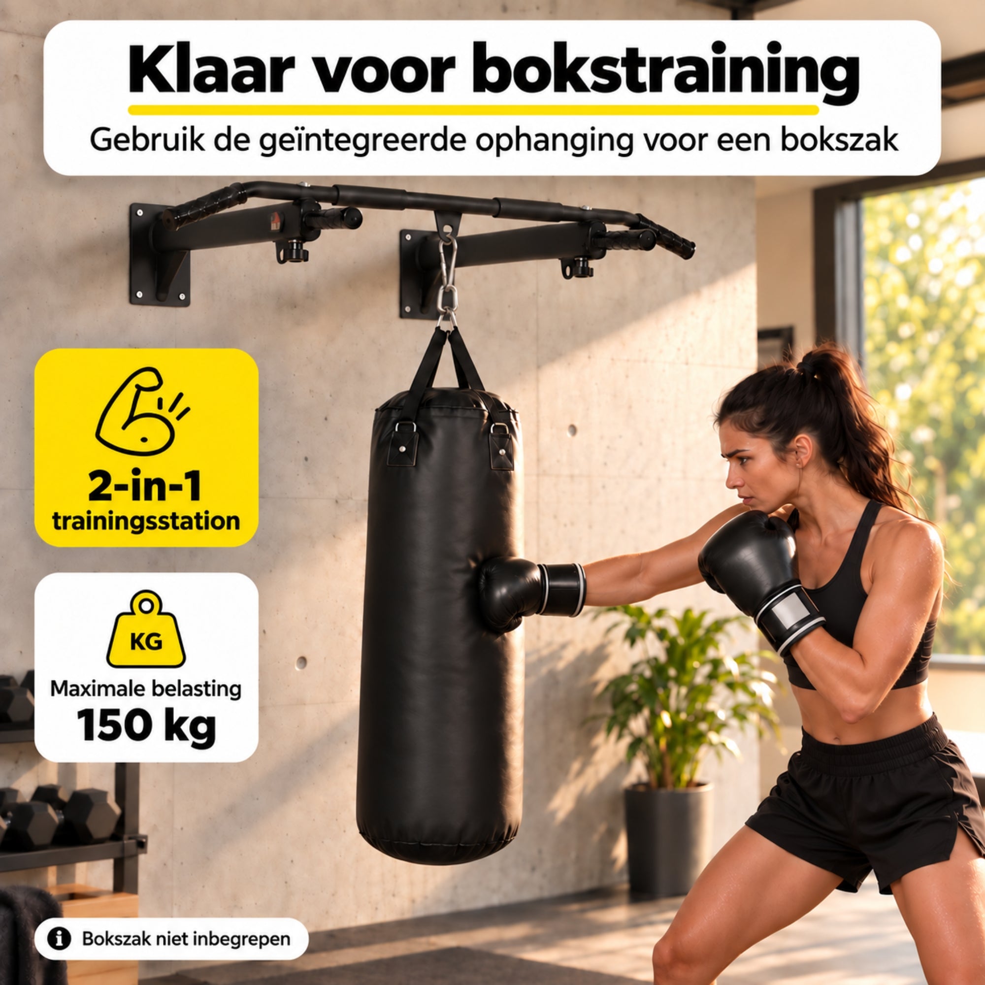 Pull up bar zwart – wandmontage met 150 kg draagvermogen met geïntegreerde bokszakhaak voor kracht- en bokstraining