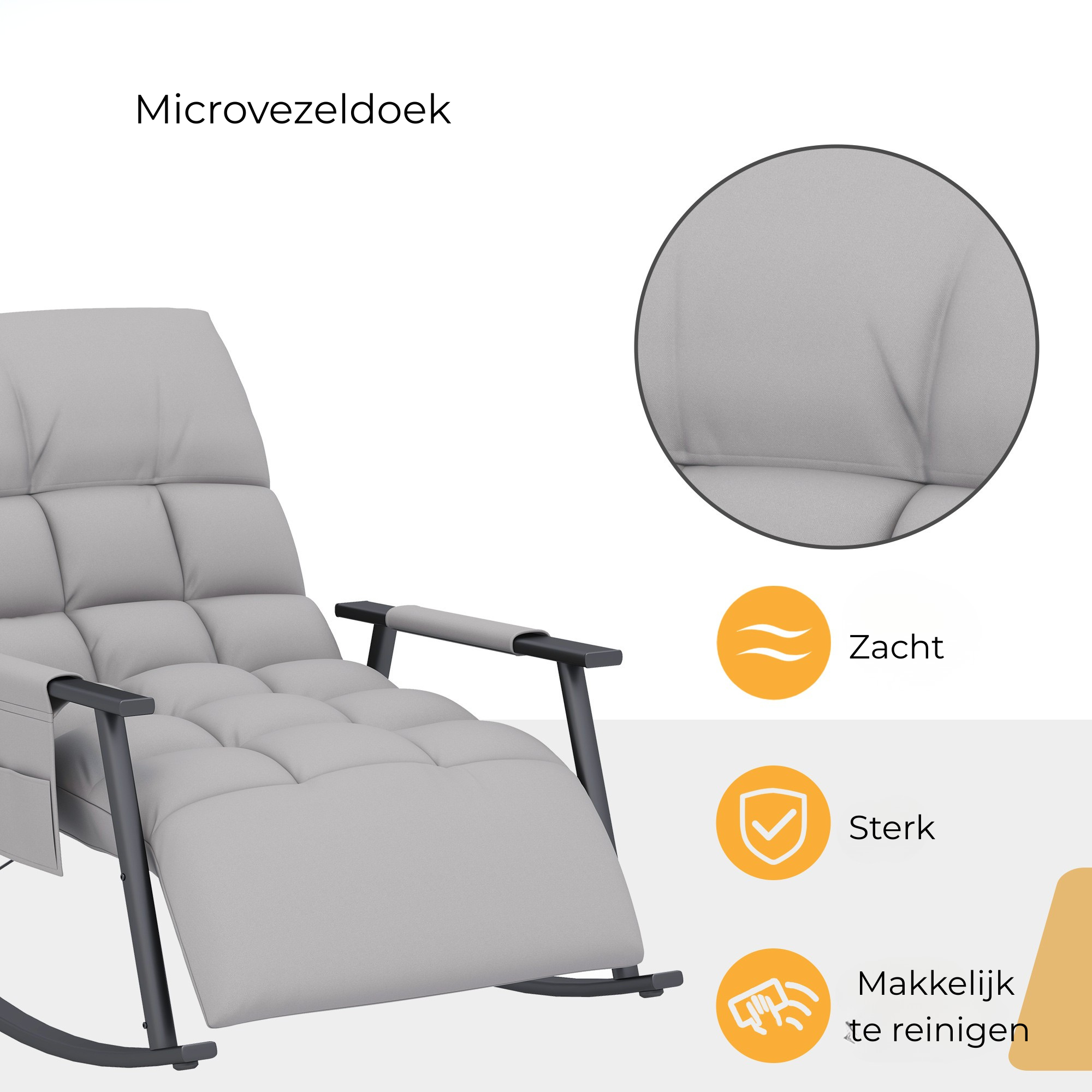 Comfortabele grijze schommelstoel met verstelbare rugleuning en zachte microvezel bekleding, makkelijk te reinigen en stevig