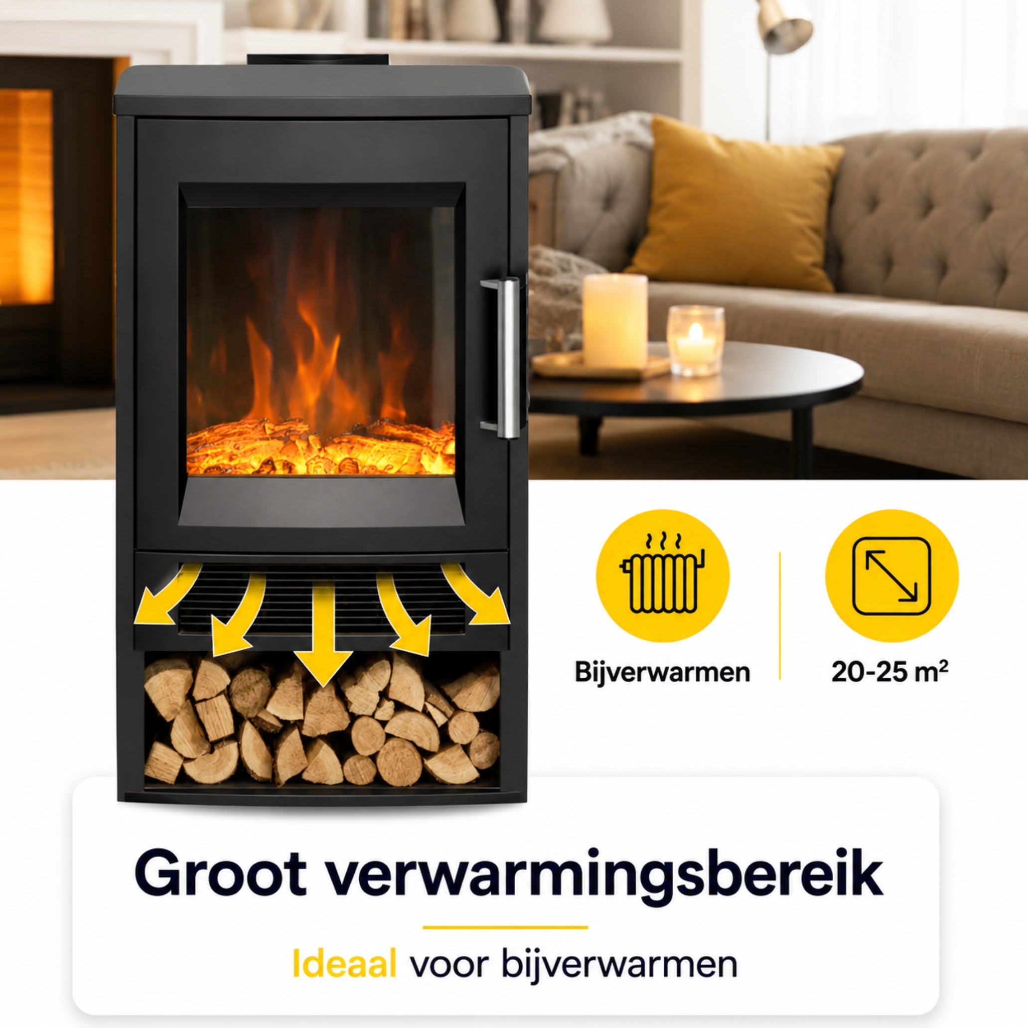Zwarte elektrische sfeerhaard 1800W – met wifi-app en afstandsbediening | Zenzee