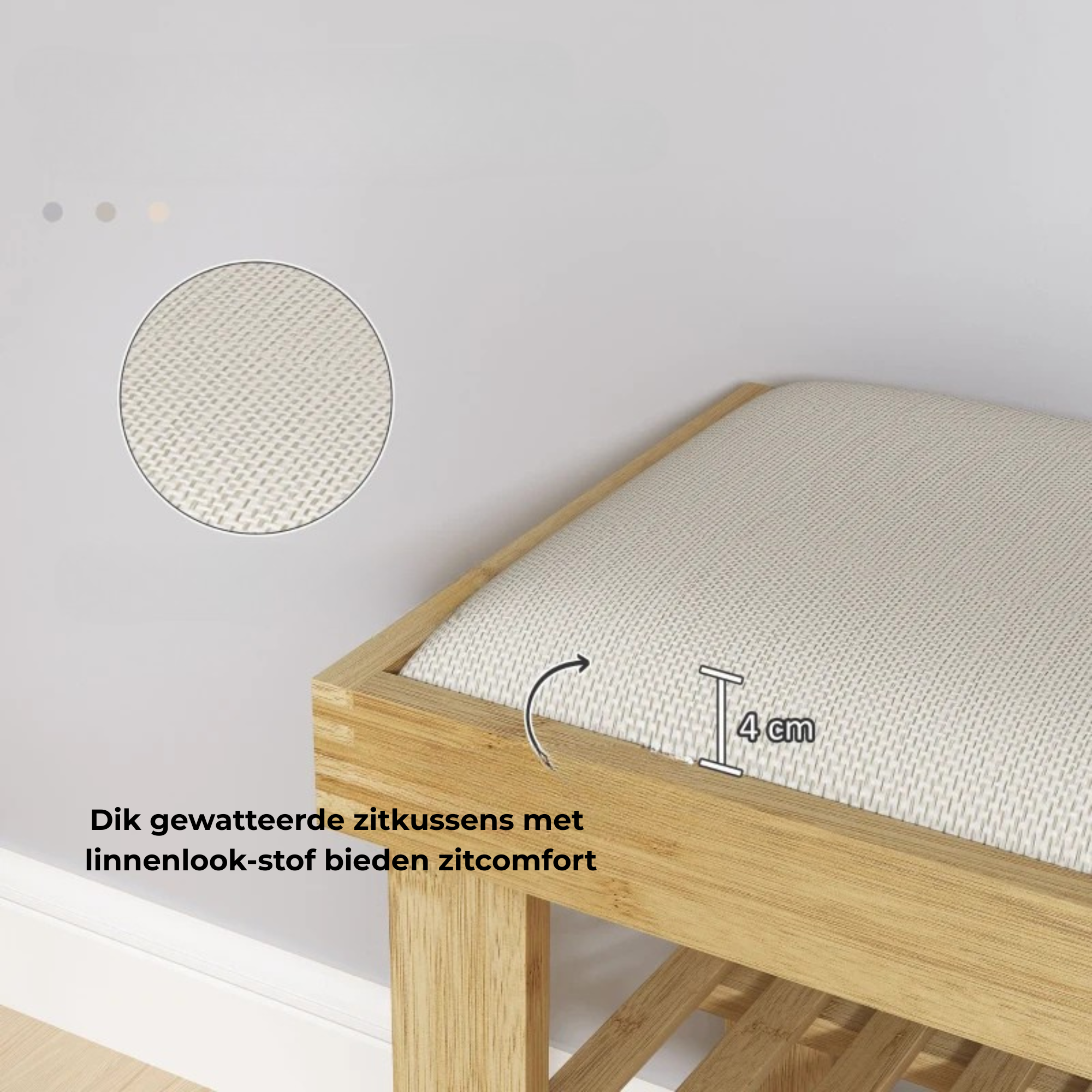 Bamboe schoenenbank met linnenkussen en dubbele opbergruimte