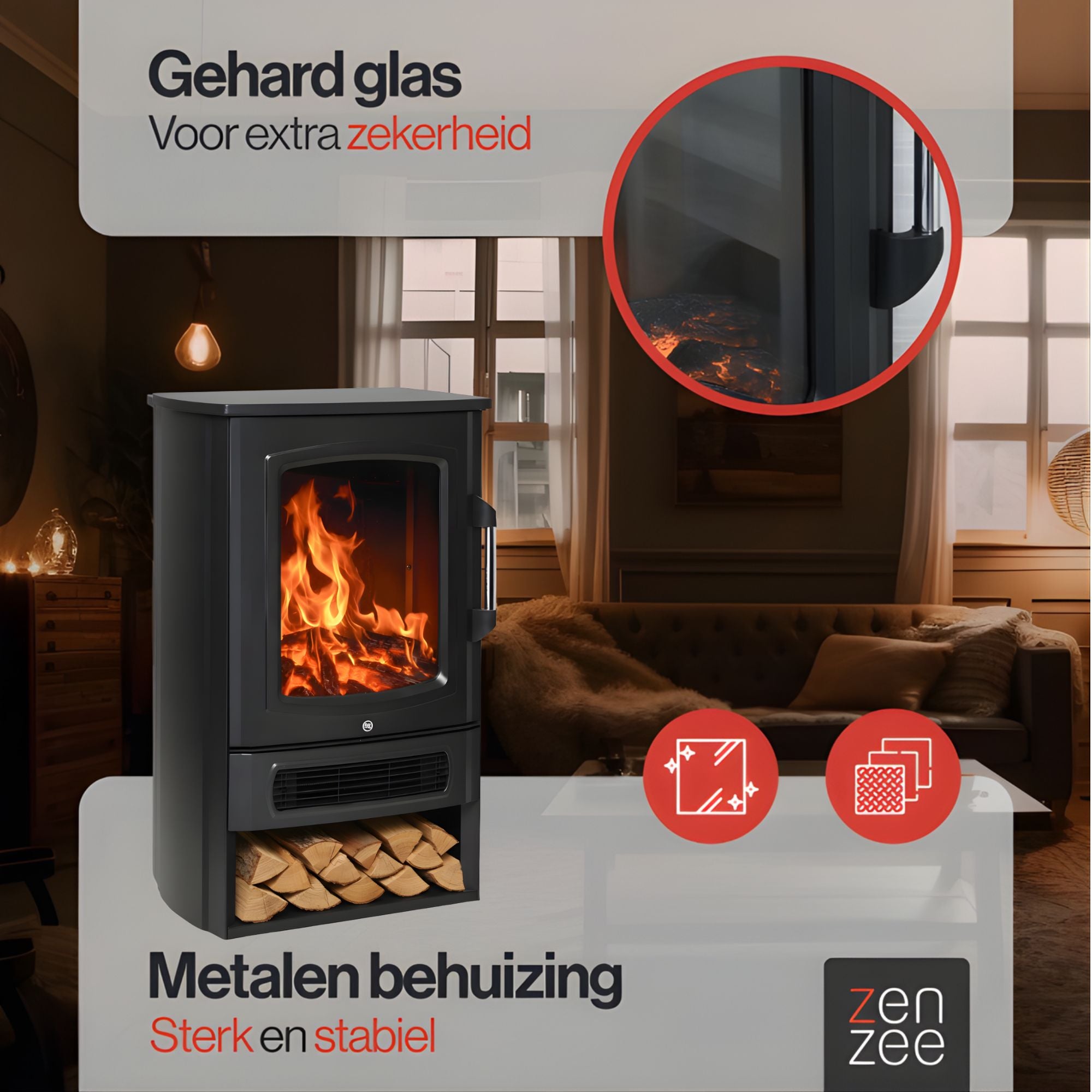 Vrijstaande elektrische sfeerhaard zwart – 2000W met realistisch vlameffect | Zenzee met gehard glas en stevige metalen behuizing
