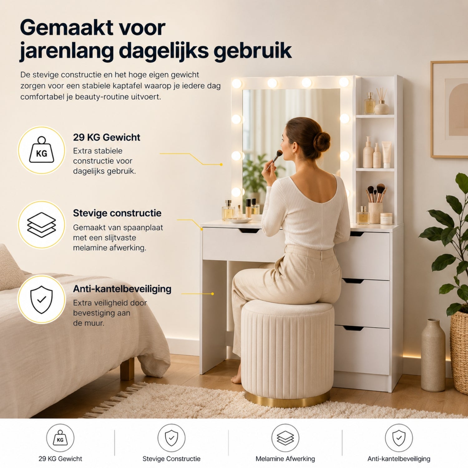 Kaptafel wit met Hollywood spiegel LED en ruime lades voor make-up | Zenzee met vrouw aan spiegel en stevige constructie