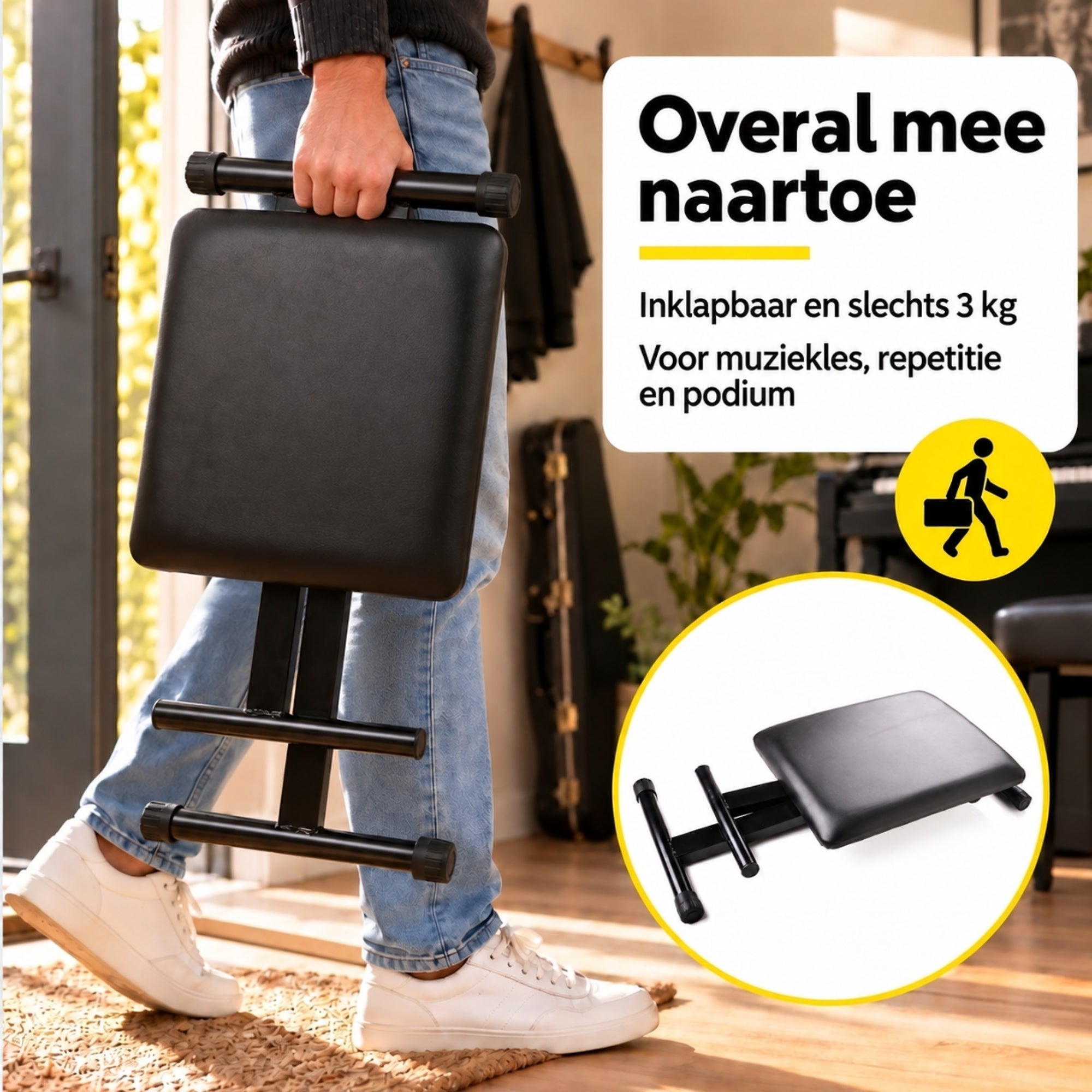 Verstelbare pianokruk met inklapbaar frame – zwart kunstleer – 39×29×37–47 cm draagbaar en compact voor muziekoptredens
