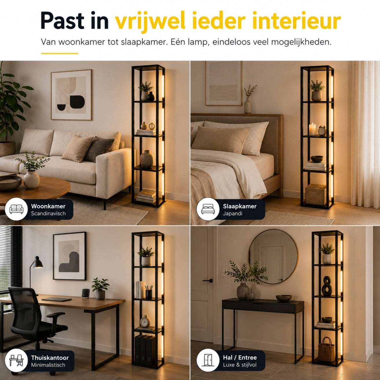 Zwarte vloerlamp met LED-verlichting en geïntegreerde opbergruimte – 29×29×163 cm | Zenzee