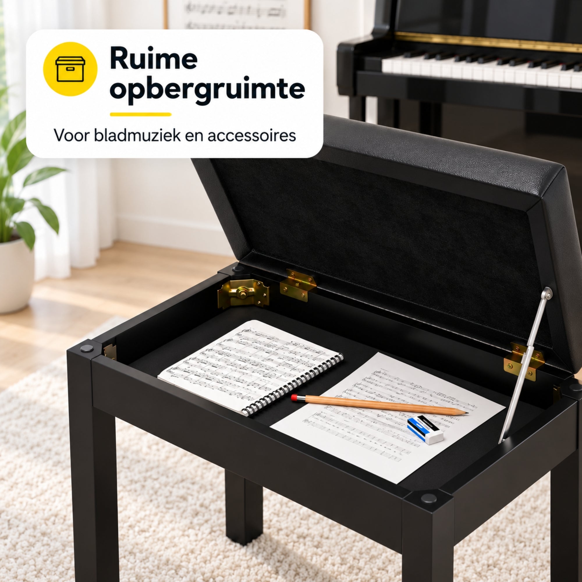 Moderne zwarte pianokruk met opbergruimte voor extra comfort en stijl – praktisch en strak design voor muziekaccessoires