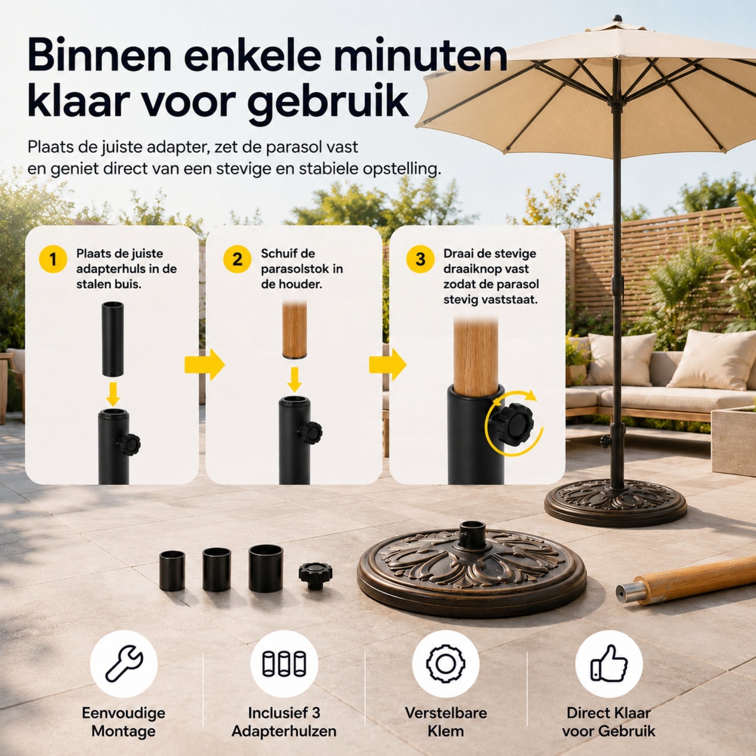 Klassieke parasolvoet in bronskleur – 14 kg, ø48 x 34 cm voor stevige ondersteuning