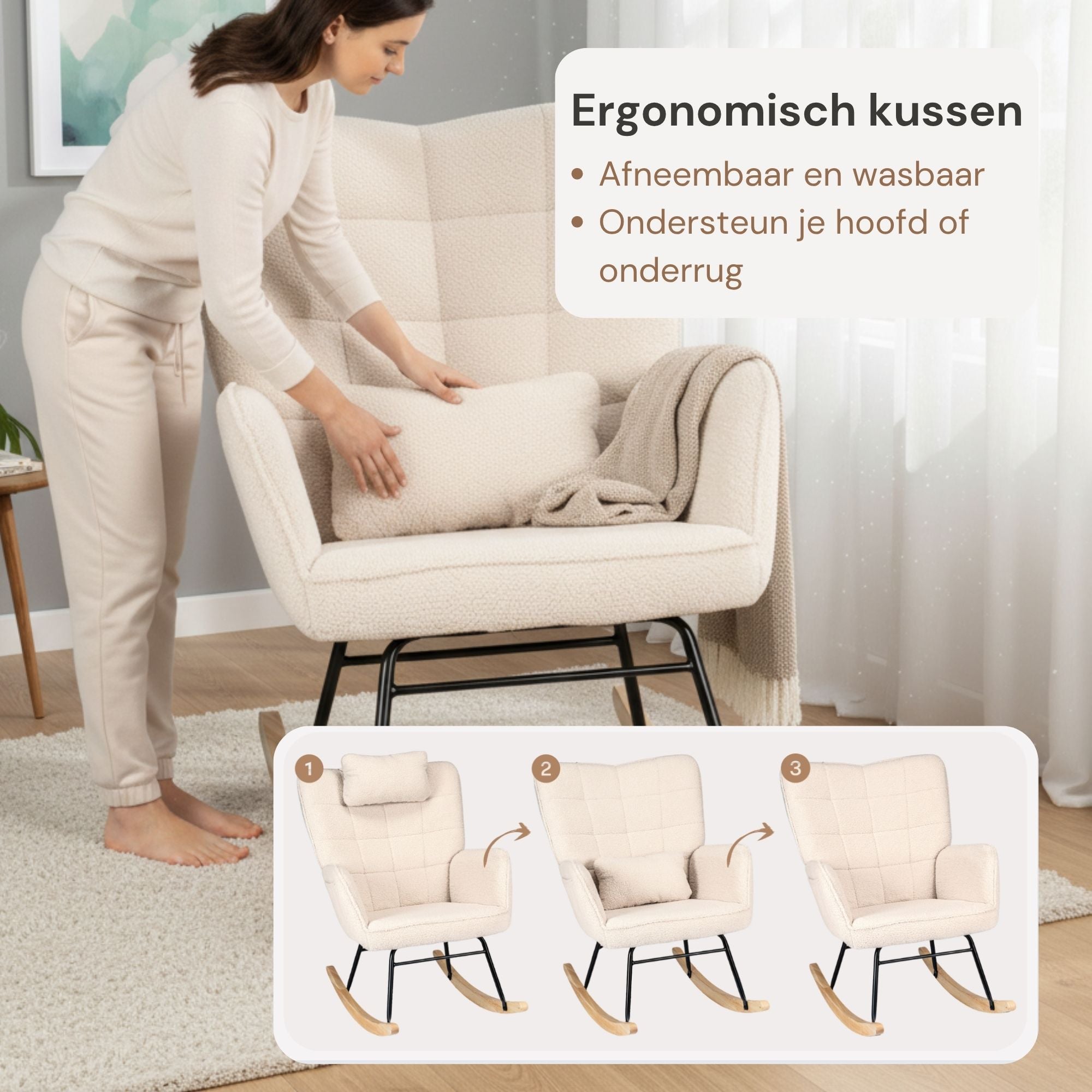 Comfortabele schommelstoel met kussen voor voeding, lezen en ontspannen cremewit | Zenzee