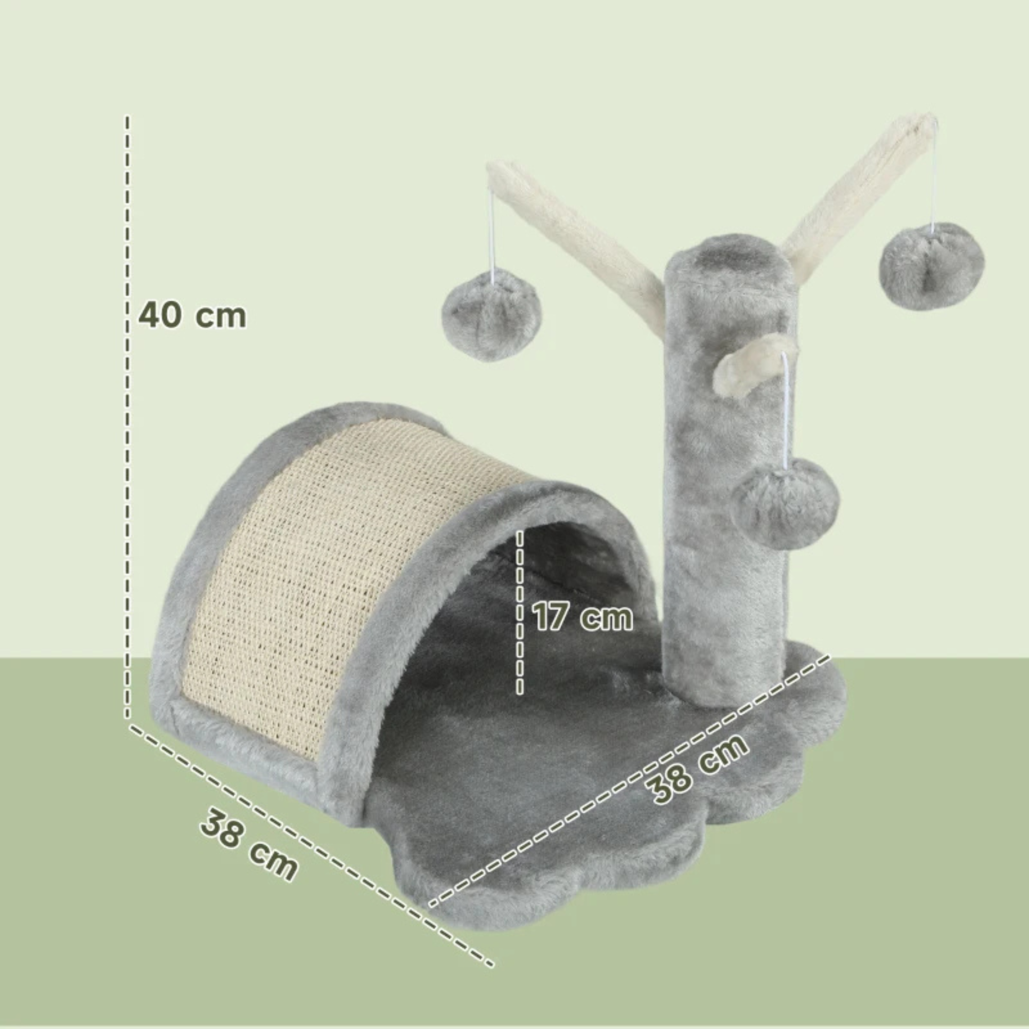 Compacte krabpaal met kattenspeeltjes voor speelse katten, grijs met speeltjes en kraboppervlak, formaat 38x38x40 cm