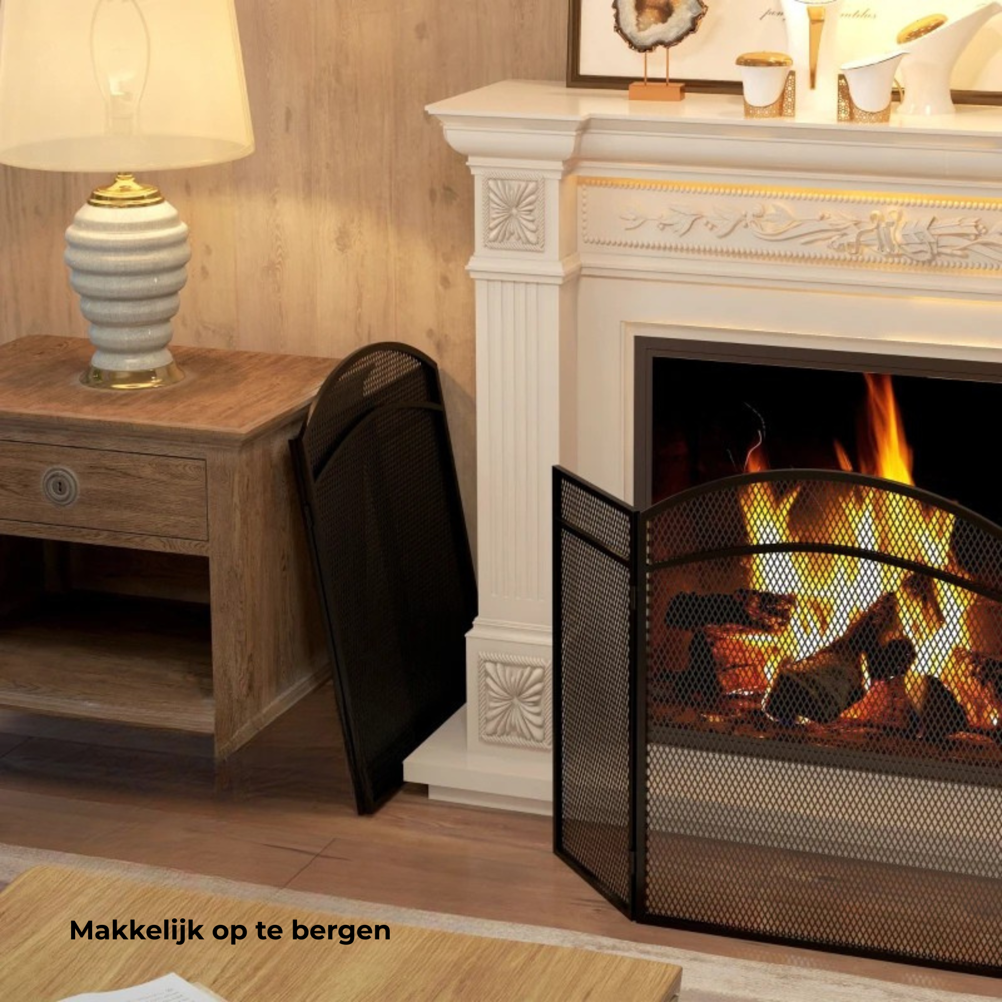 Haardscherm zwart 96×60 cm – Opvouwbaar vonkenscherm met visgraatpatroon