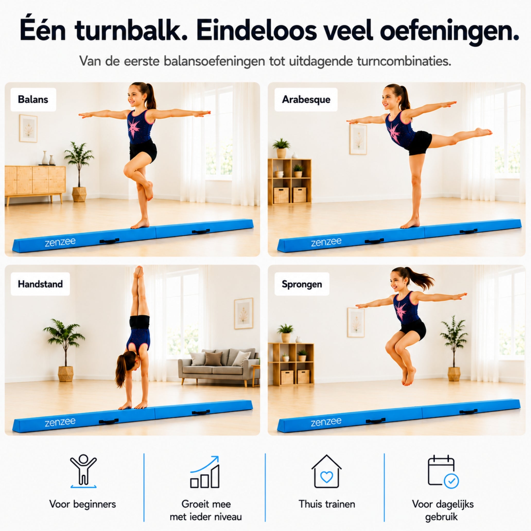 Turnbalk blauw 300 cm – balans trainer met draagtas. Ideaal voor thuis | Zenzee
