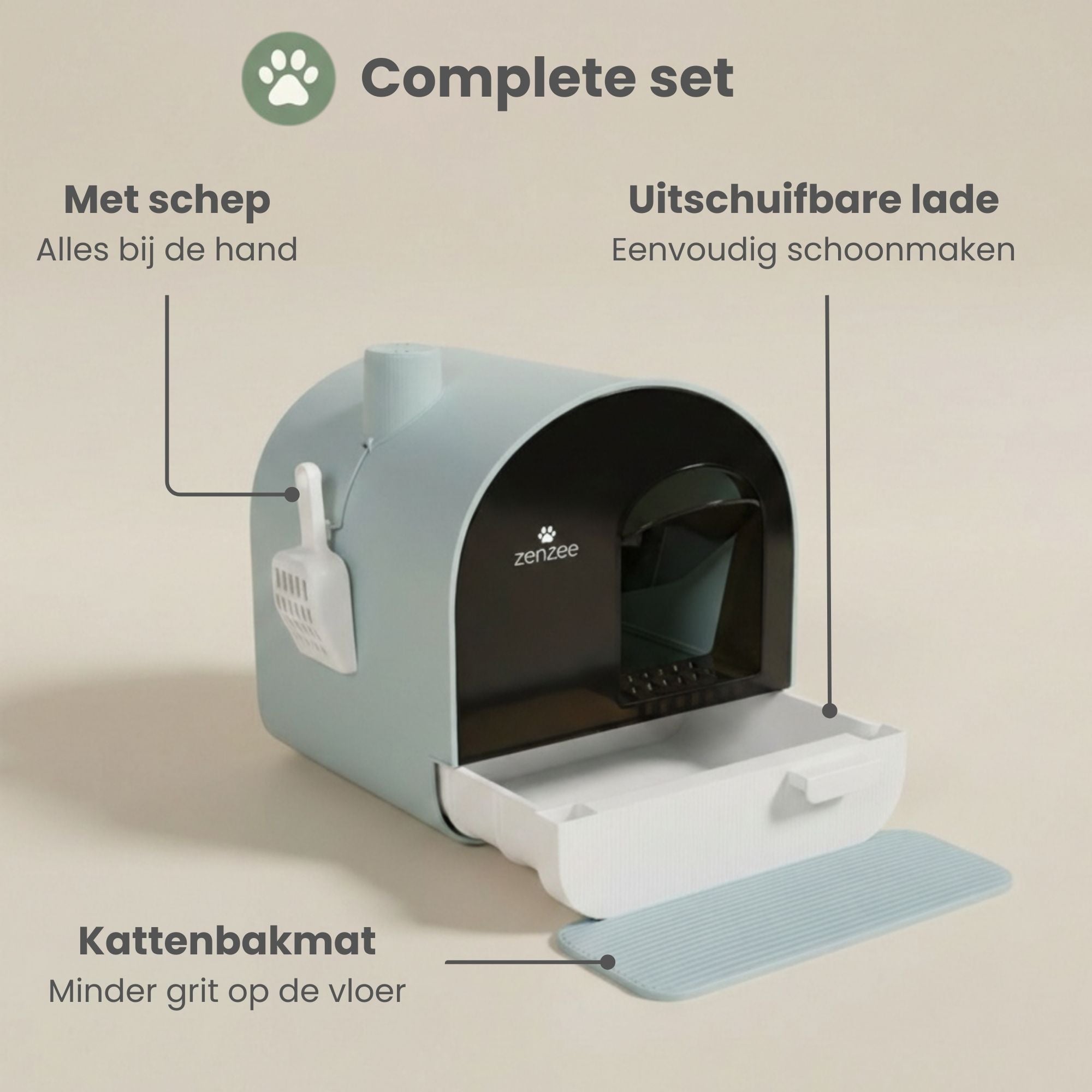 Praktische kattenbak met uitneembare lade, kattenbak mat en schep compleet Groen | Zenzee met uitneembare lade en mat