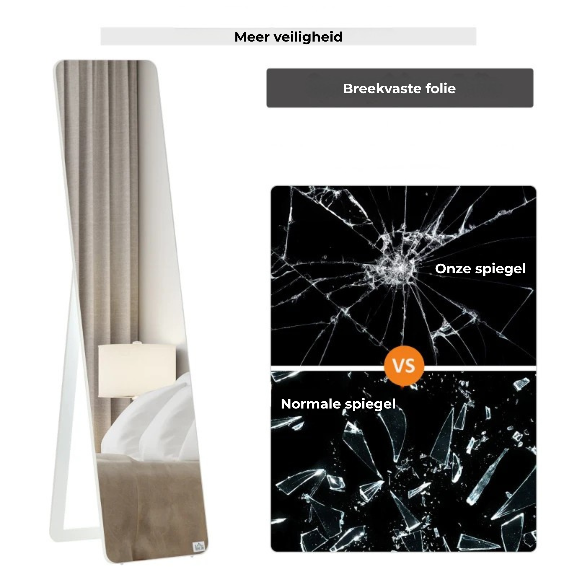 Passpiegel wandspiegel wit met houten frame 37×43×156 cm met breekvaste folie voor extra veiligheid in huis