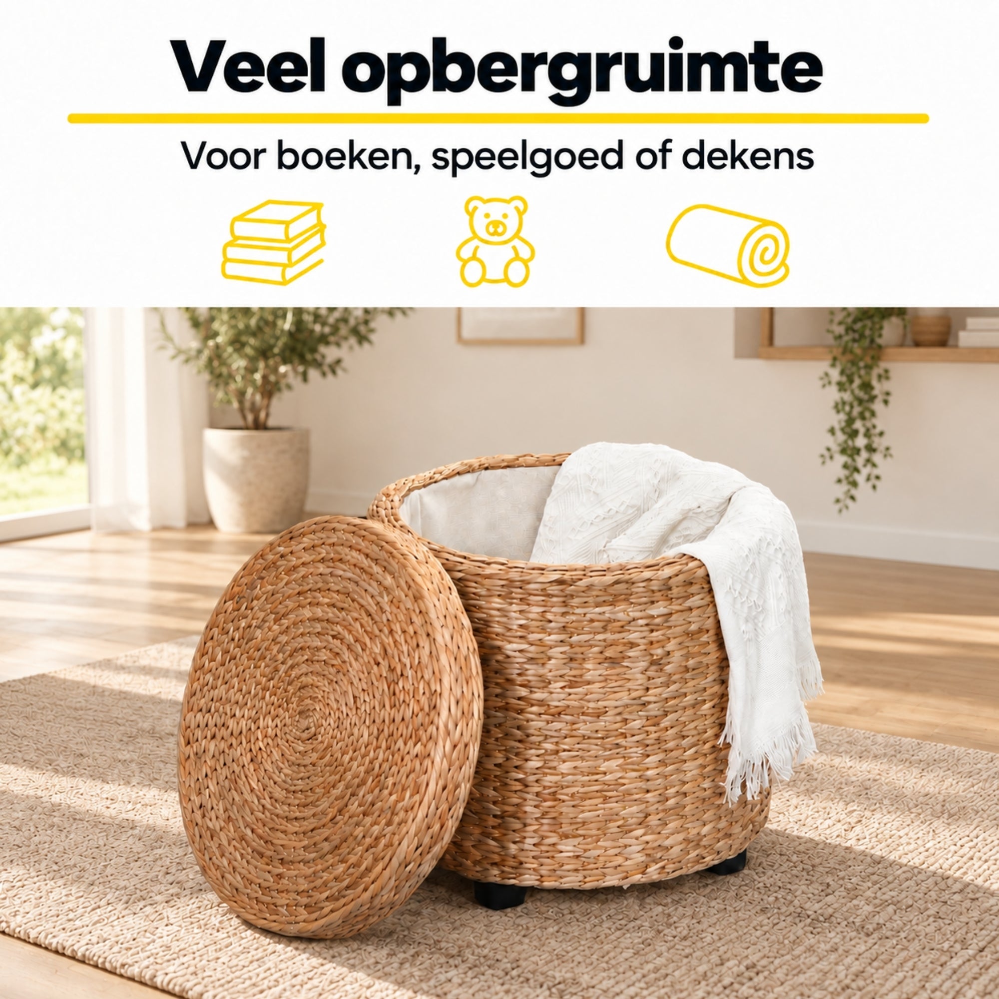 Ronde hocker met opbergruimte en afneembare deksel – stro rotan – Ø43×43 cm met ruimte voor dekens in de woonkamer