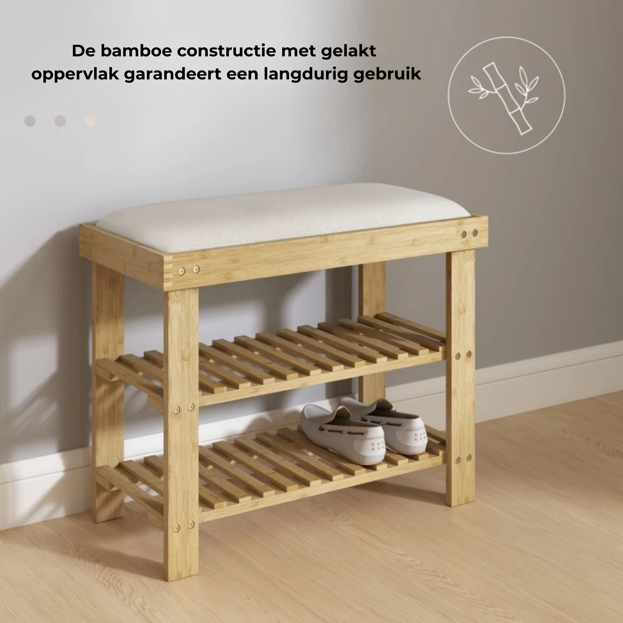 Bamboe schoenenbank met linnenkussen en dubbele opbergruimte