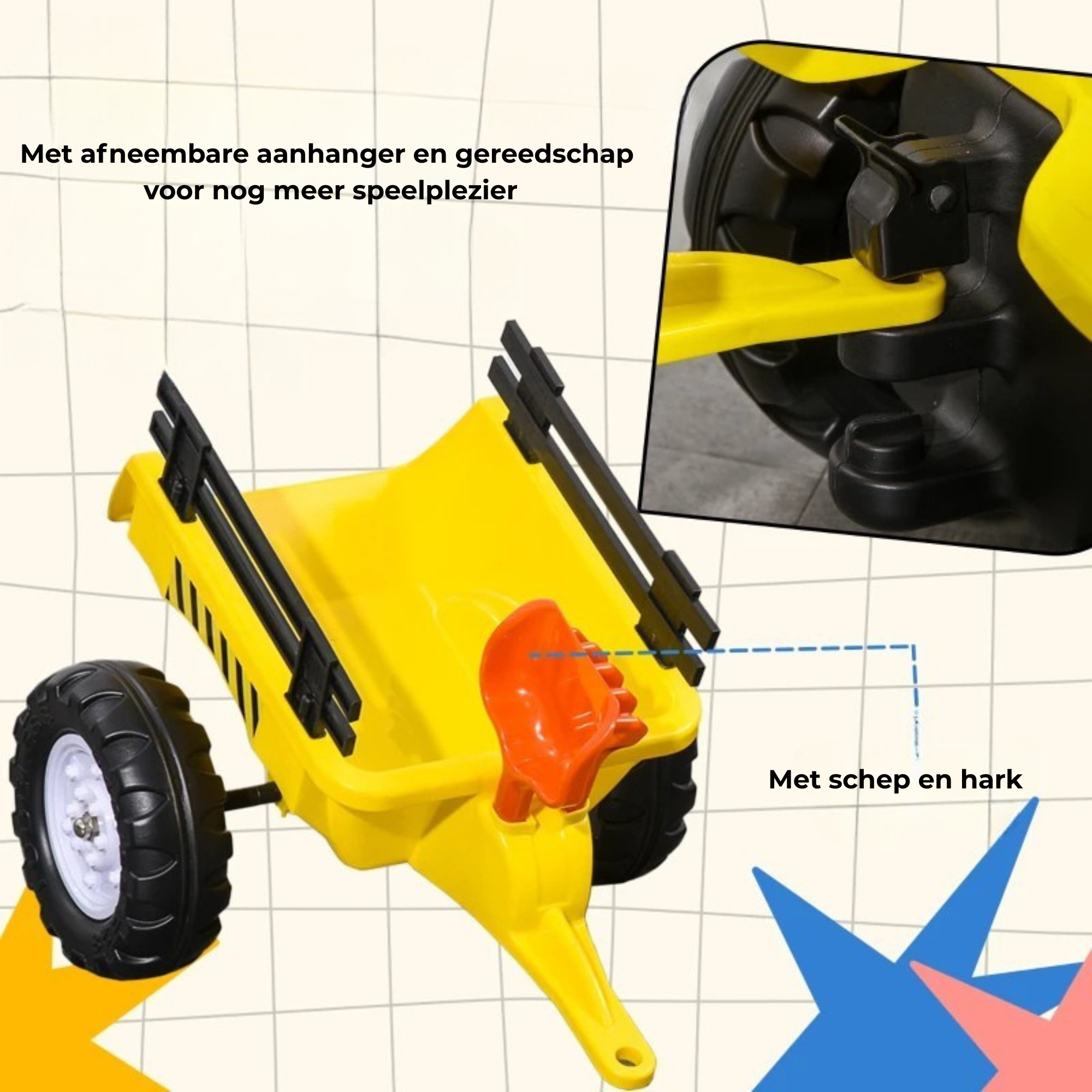 Speelgoed tractor loopfiets voor actief buitenspelen vanaf 3 jaar met afneembare aanhanger en speelgoed gereedschap