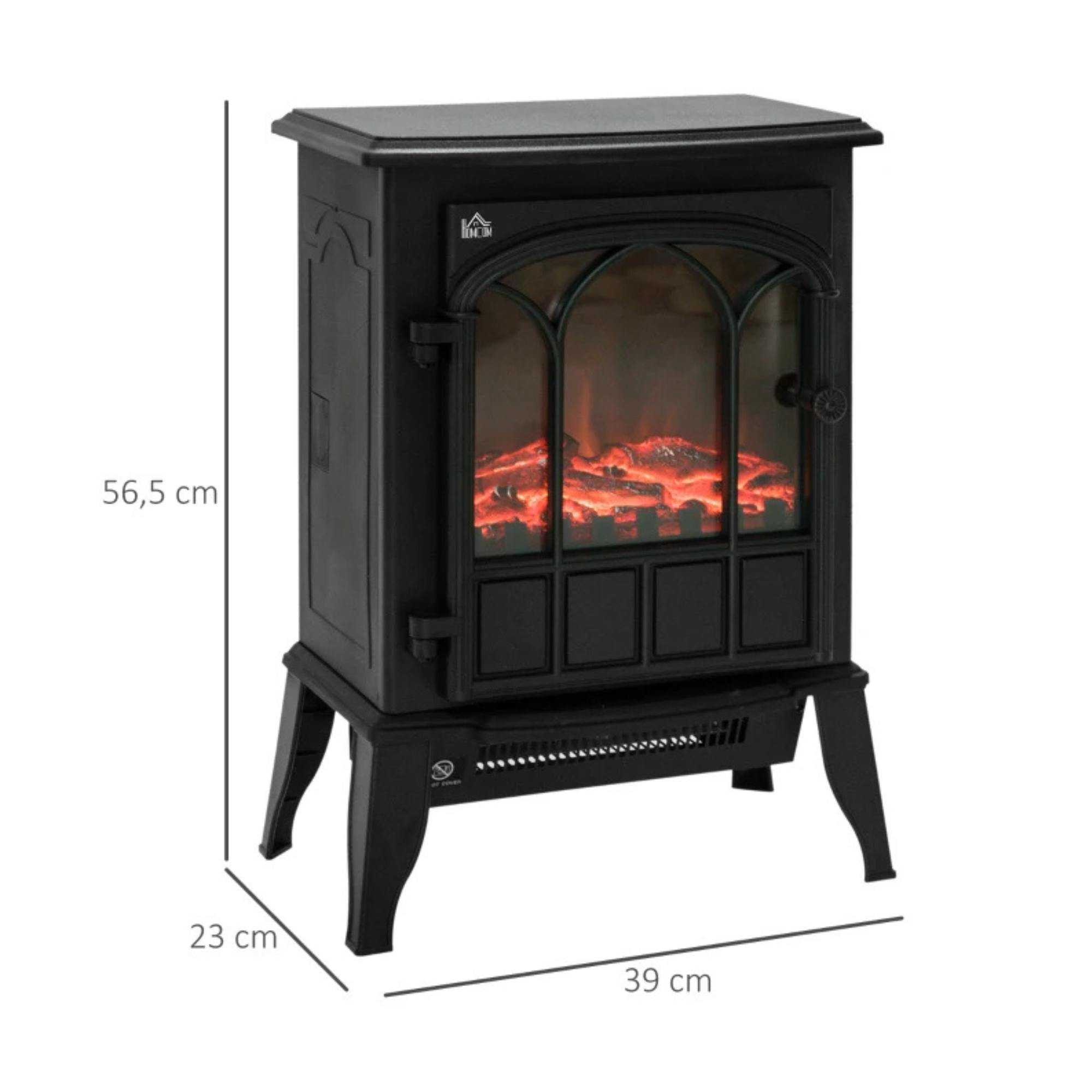 Vrijstaande zwarte elektrische sfeerhaard met thermostaat 2000 W met realistisch vlameffect en compacte afmetingen voor warme sfeer