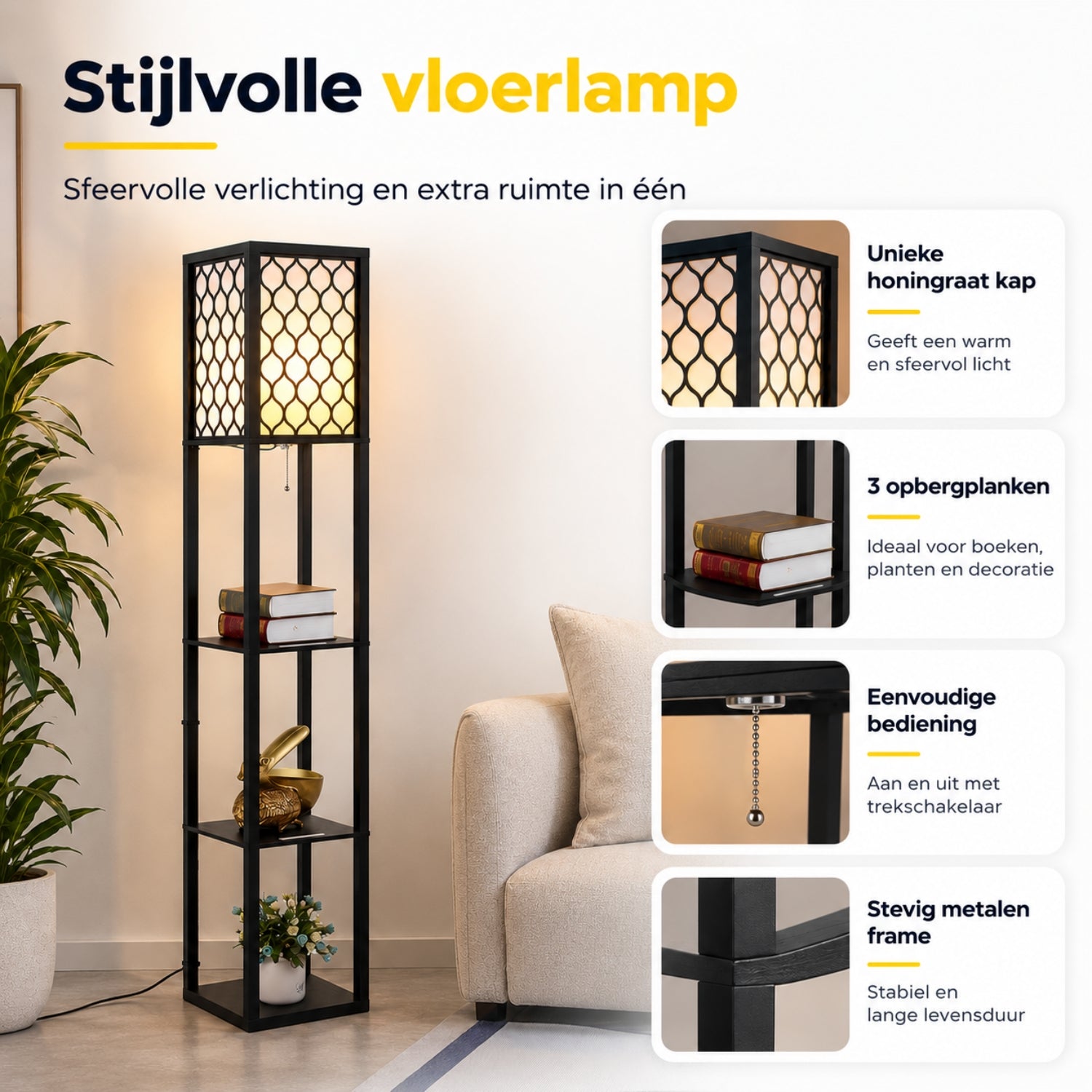 Staande lamp met honingraatdesign en opbergruimte – 160 cm | Zenzee