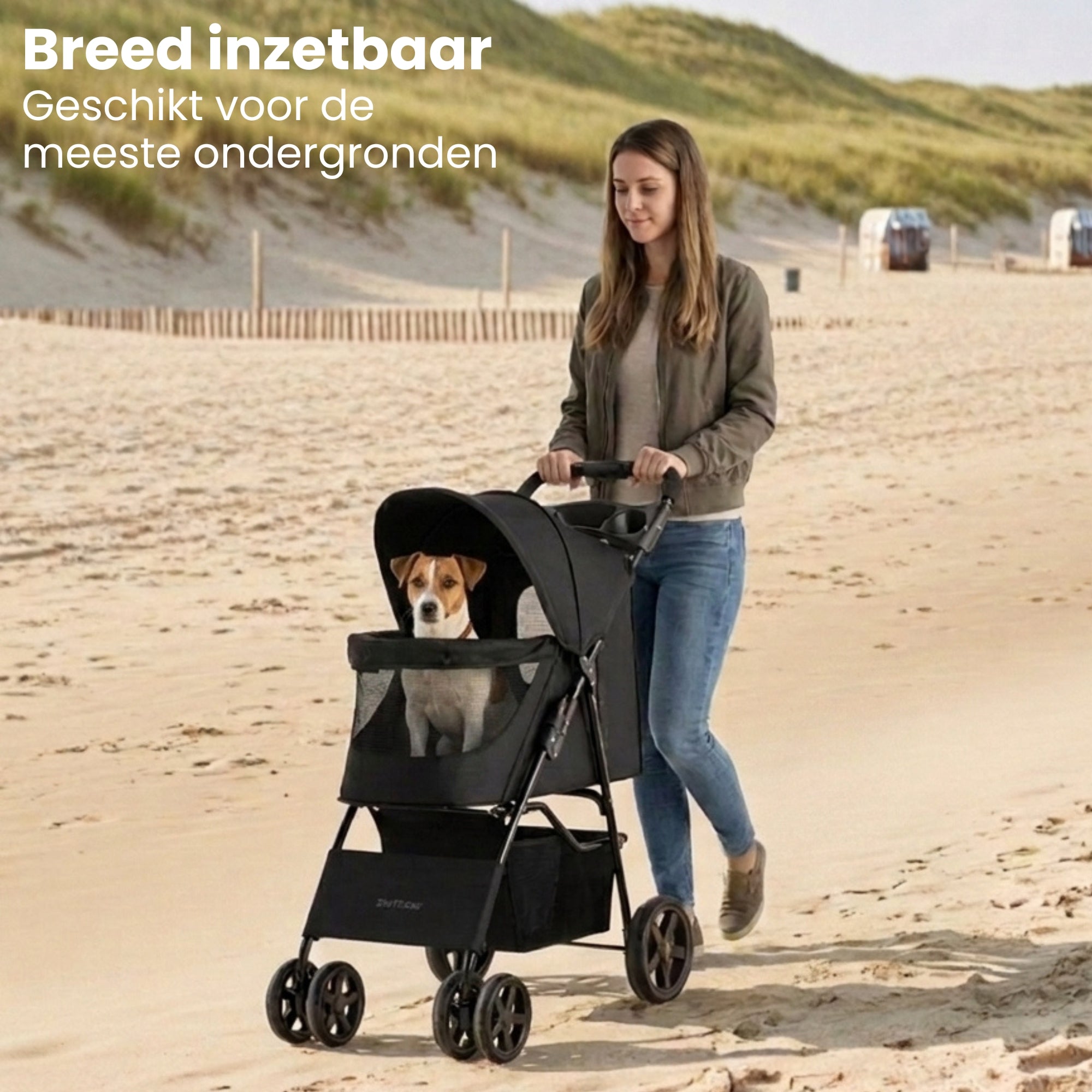 Hondenbuggy inklapbaar met regenhoes belastbaar tot 15 kg Zwart, schokabsorberende wielen en comfortabele cabine geschikt voor verschillende ondergronden.