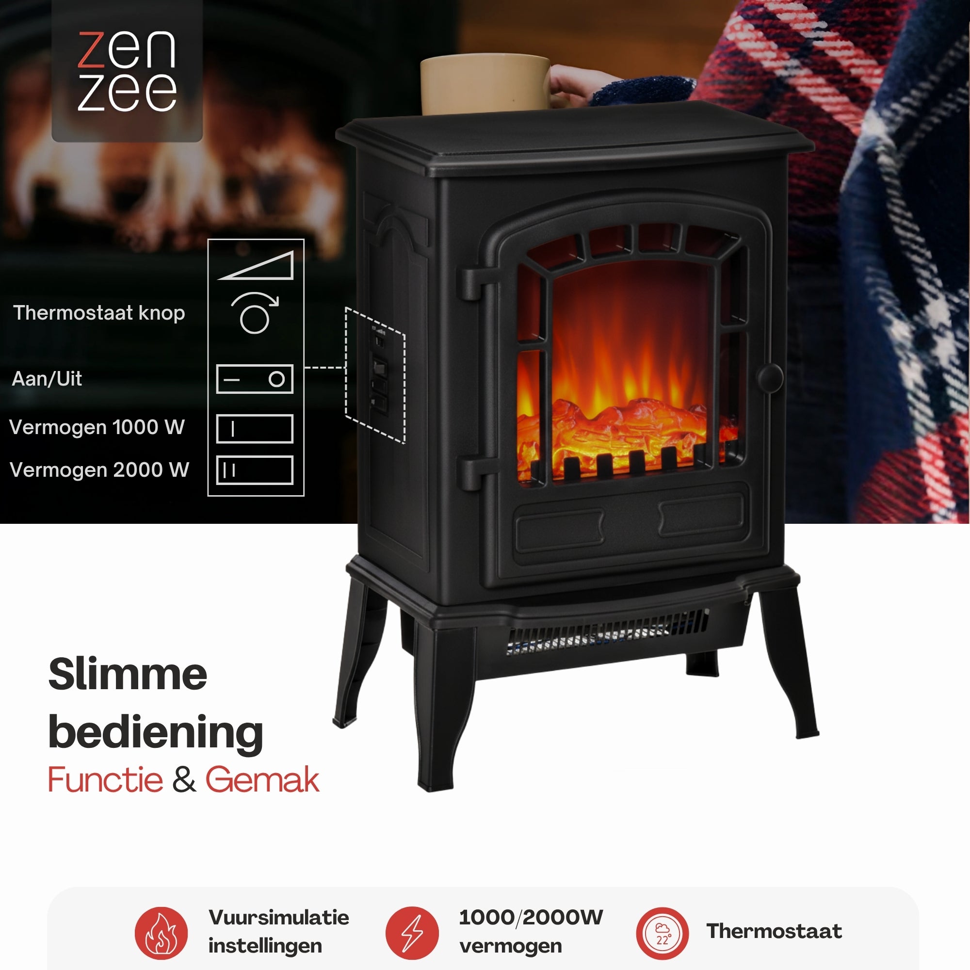 Sfeerhaard Elektrisch Vrijstaand - Elektrische kachel – 1000/2000W Zwart met warme vlammen en slimme bediening voor sfeer en comfort