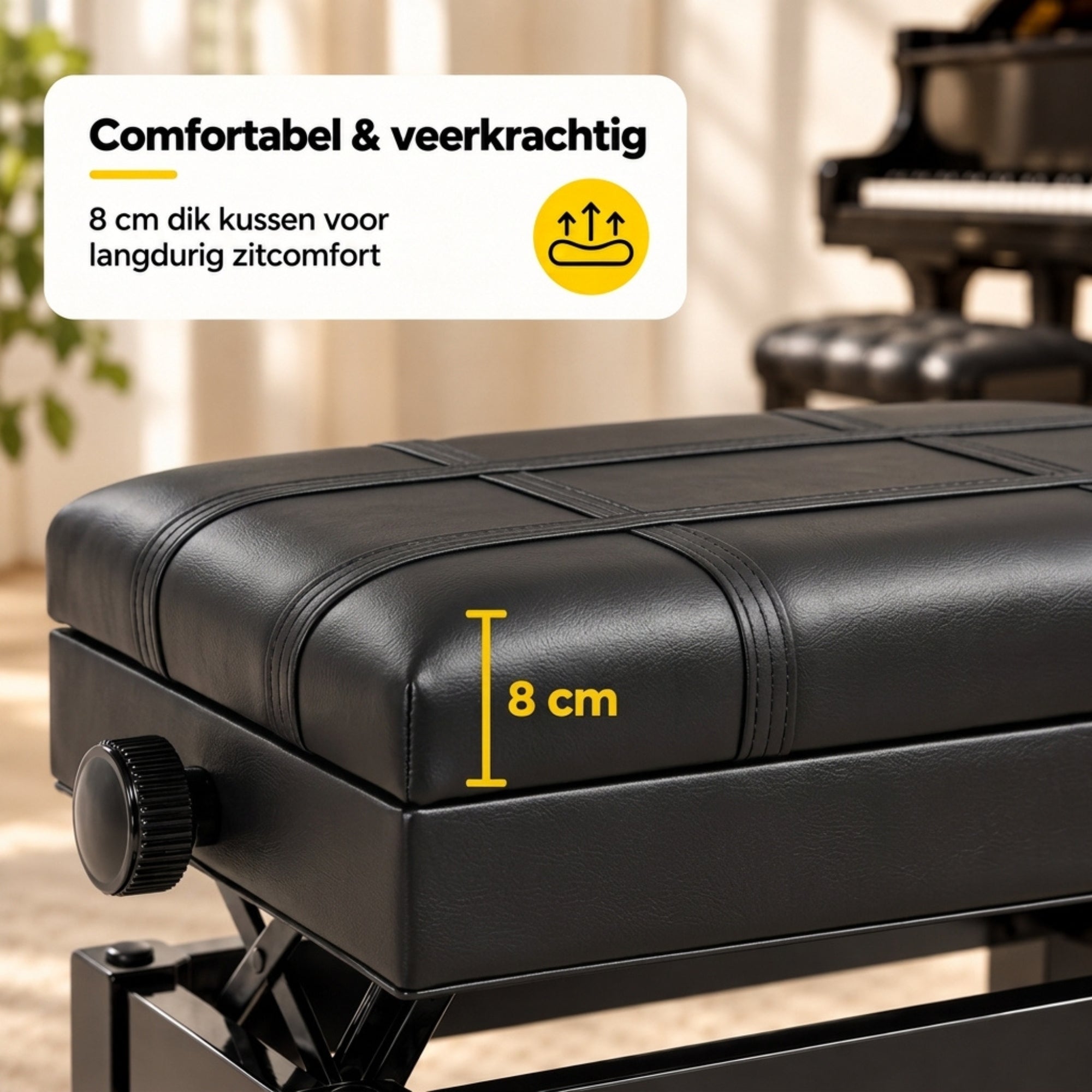 Zwarte pianokruk verstelbaar met opbergruimte en comfortabel design met 8 cm dikke kunstleren zitting