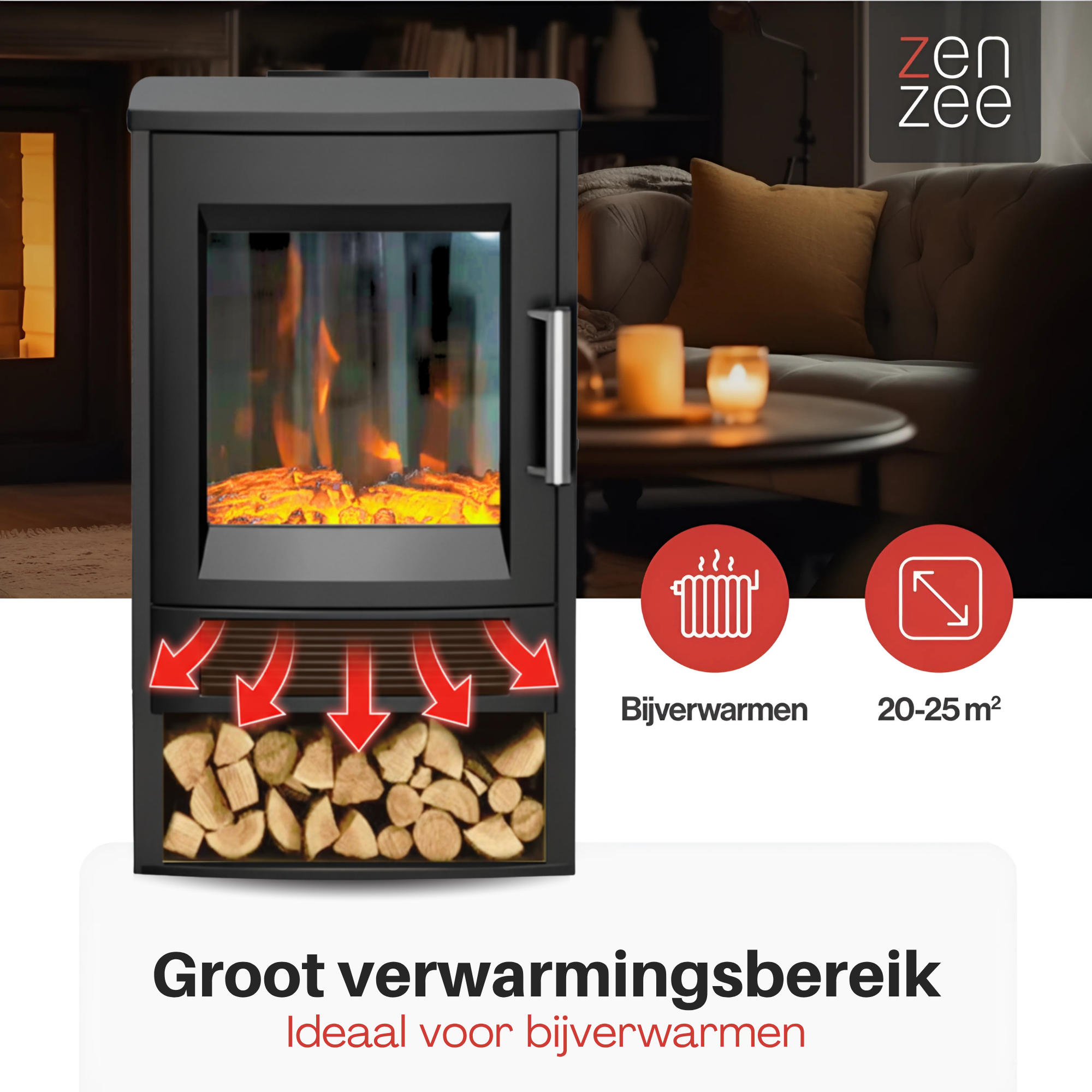Zwarte elektrische sfeerhaard 1800W – met wifi-app en afstandsbediening | Zenzee voor 20-25 m² bijverwarming