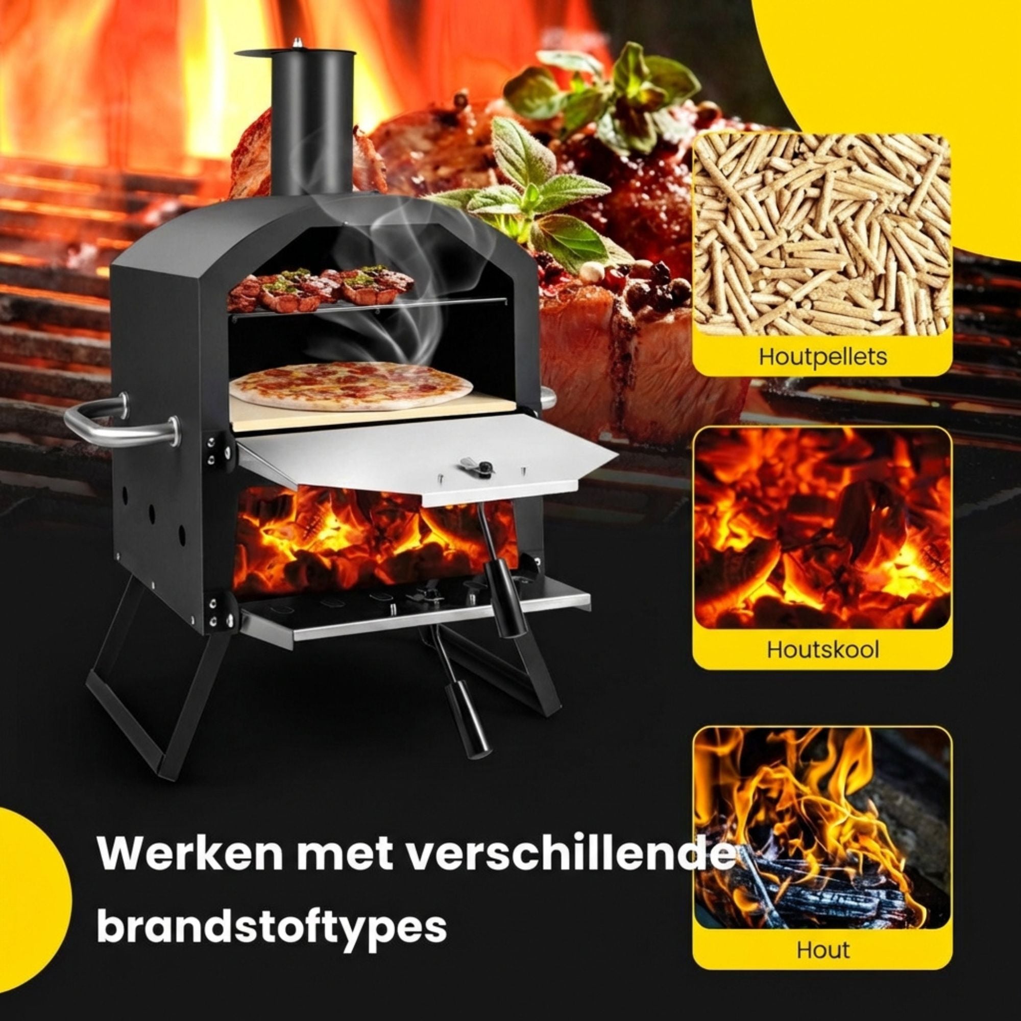 Pizzaoven voor buiten – draagbaar voor pizza, vlees en brood - Met afdekhoes met hout, houtskool en houtpellets voor veelzijdig gebruik