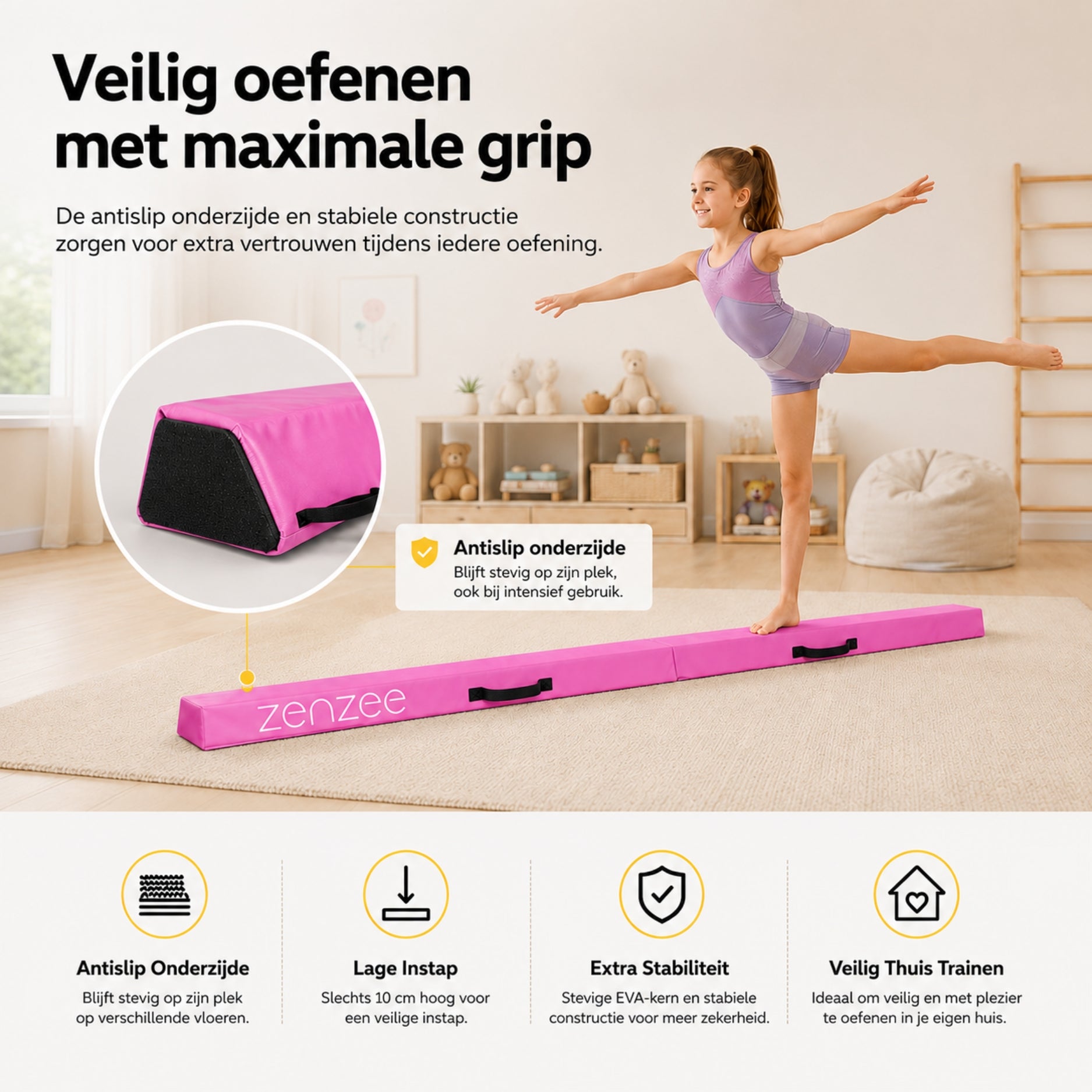 Turnbalk roze 300 cm – balans trainer met draagtas. Ideaal voor thuis | Zenzee