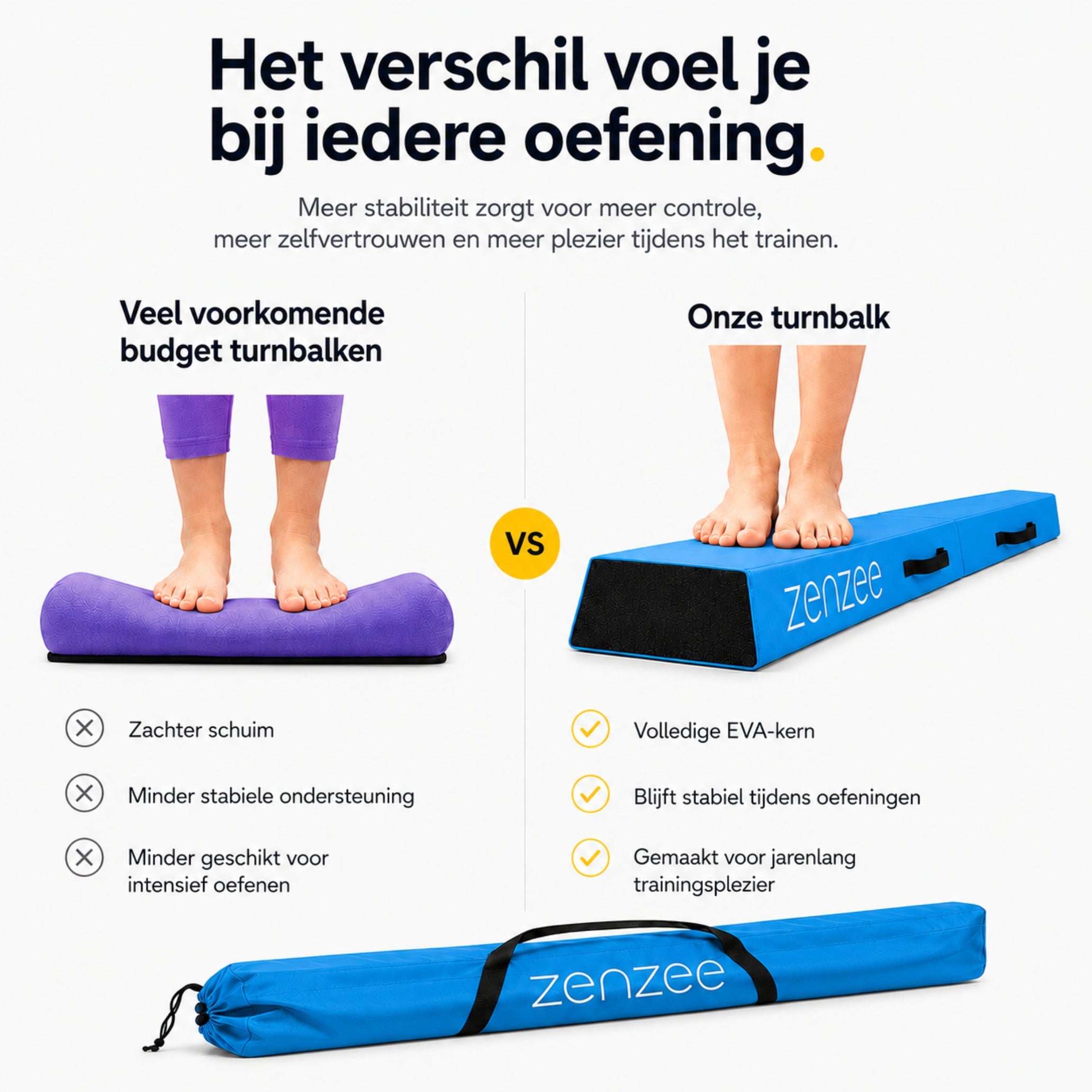 Turnbalk blauw 300 cm – balans trainer met draagtas. Ideaal voor thuis | Zenzee
