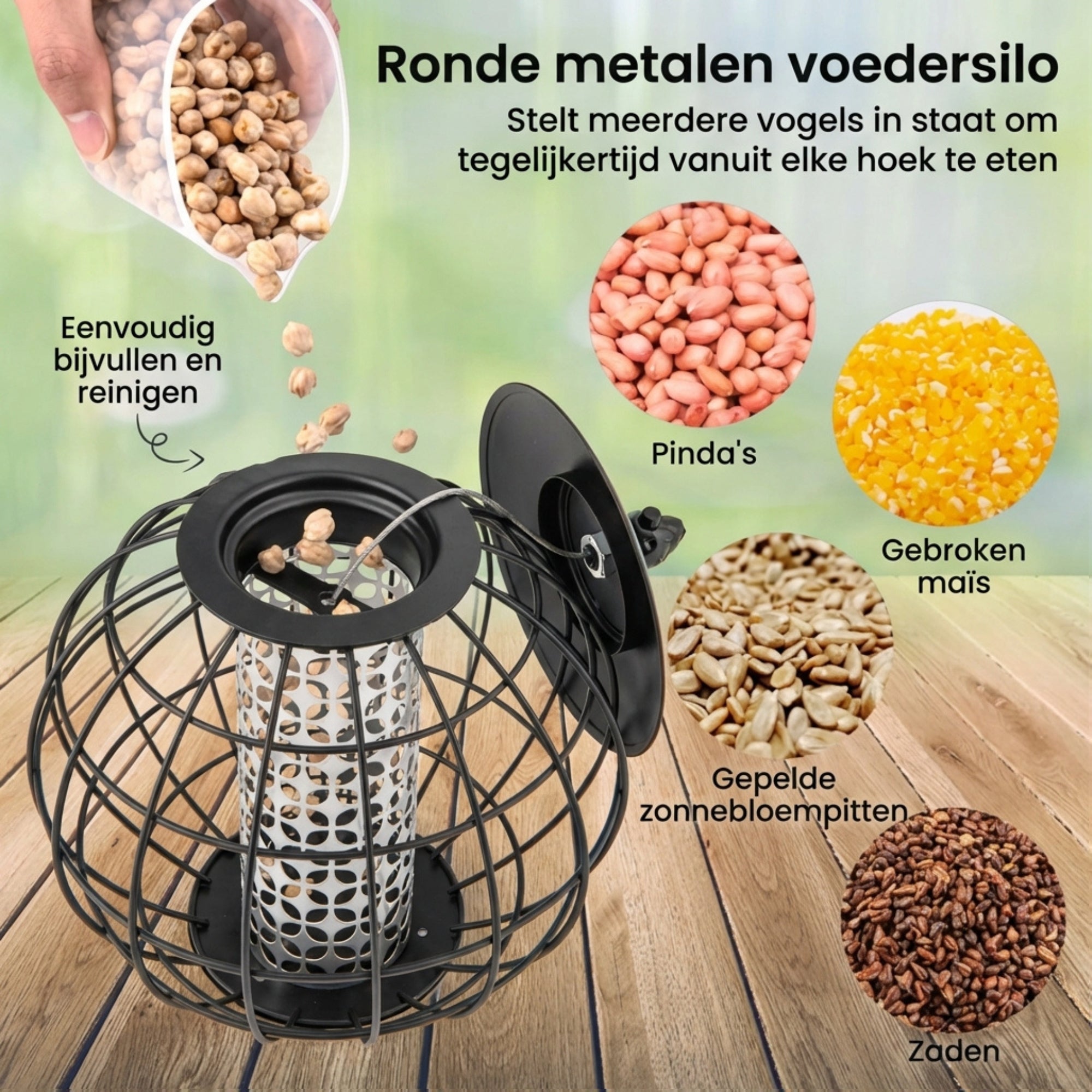 Voederhuisje voor vogels – hangende voedersilo voor tuinvogels eekhoornveilig met metalen ronde voedersilo en eenvoudig bijvullen