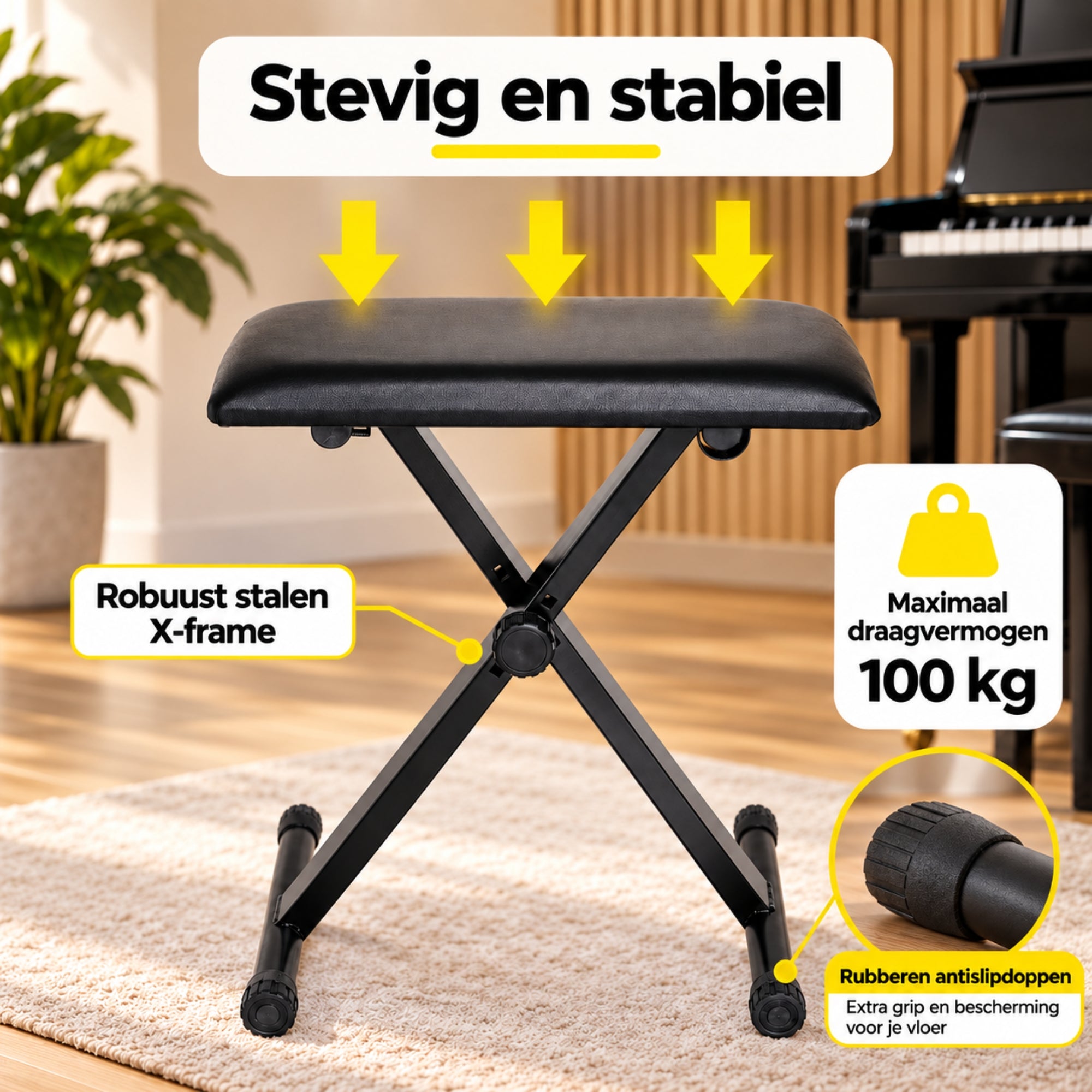 Verstelbare pianokruk met inklapbaar frame – zwart kunstleer – 39×29×37–47 cm met stevig stalen X-frame en antislipdoppen