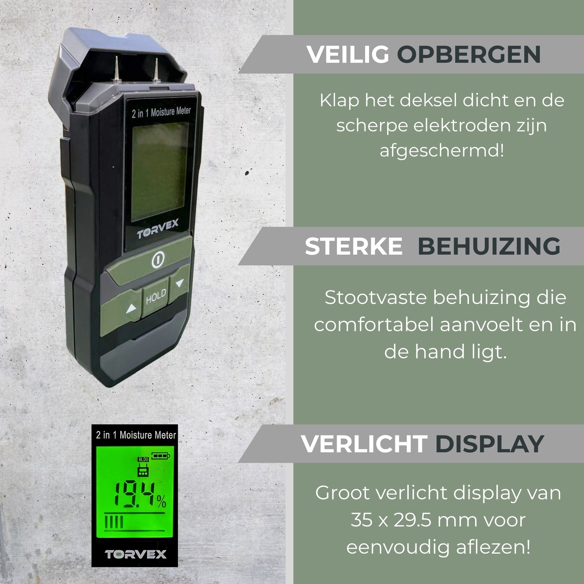 Torvex 3 in 1 digitale vochtmeter – Temperatuurmeter - Vochtmeter muren – Voor hout en bouwmaterialen – Incl. batterijen & opberghoes