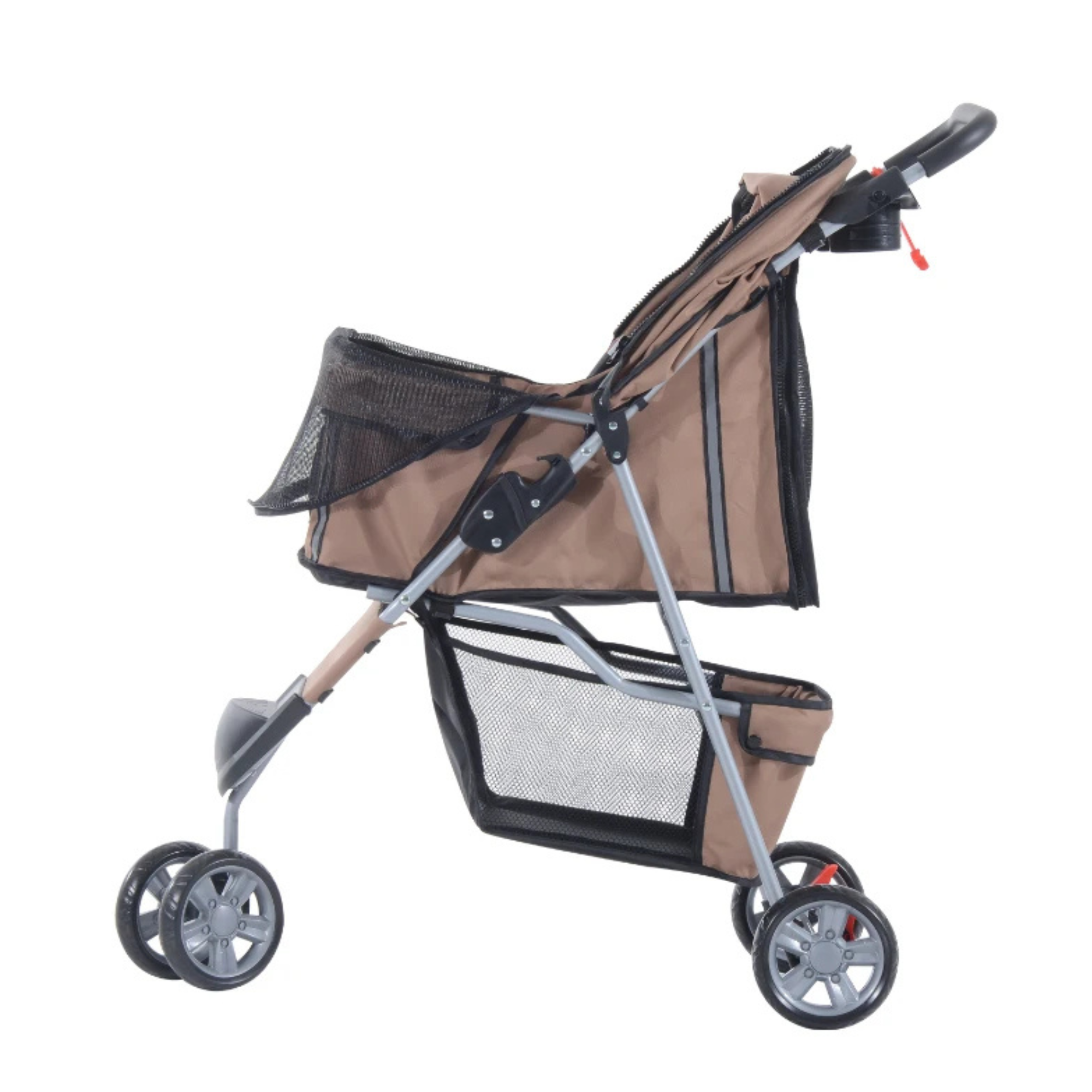Opvouwbare hondenbuggy met parkeerrem en ruime opbergruimte in bruin met stevig frame en ventilatienet voor comfort en gebruiksgemak
