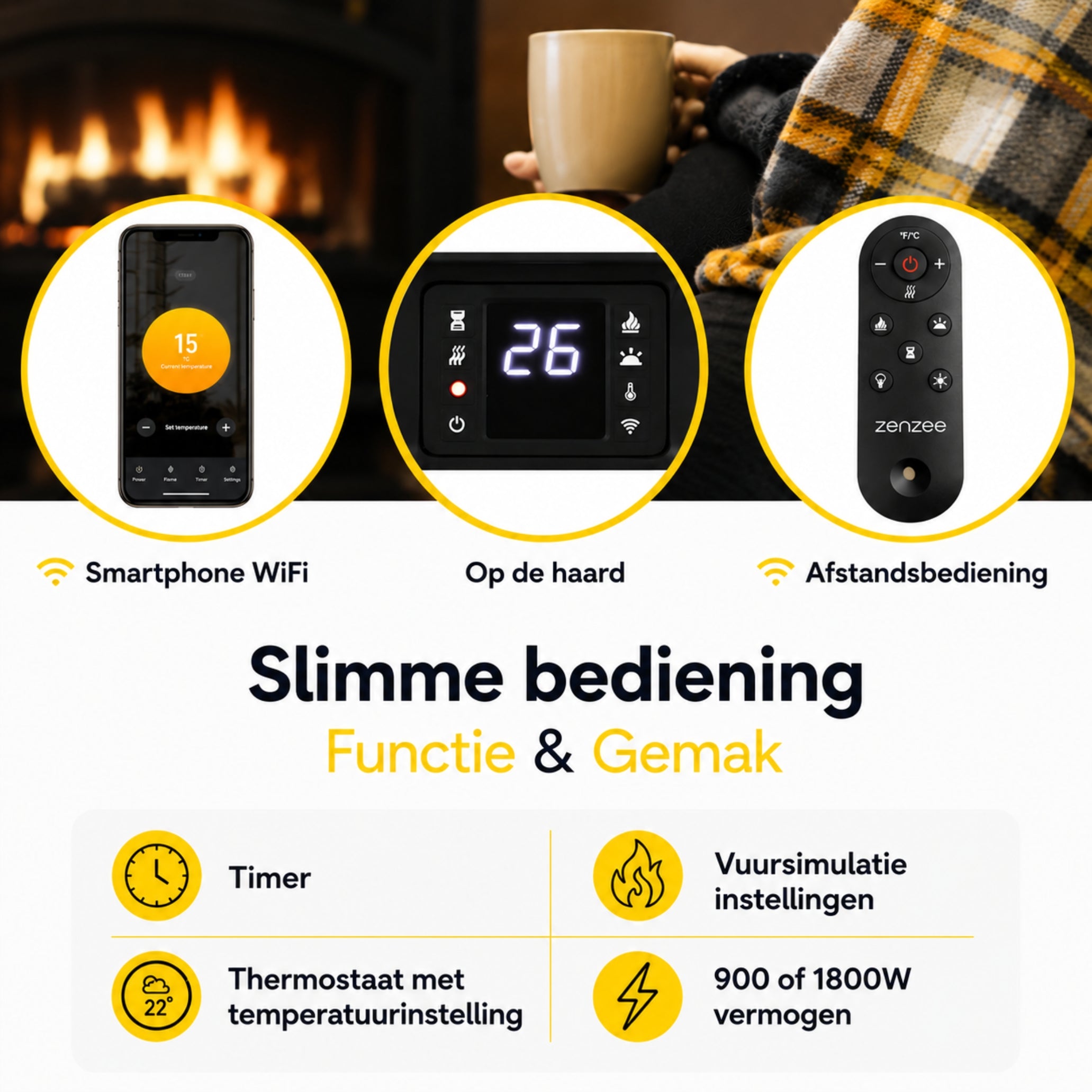 Zwarte elektrische sfeerhaard 1800W – met wifi-app en afstandsbediening | Zenzee