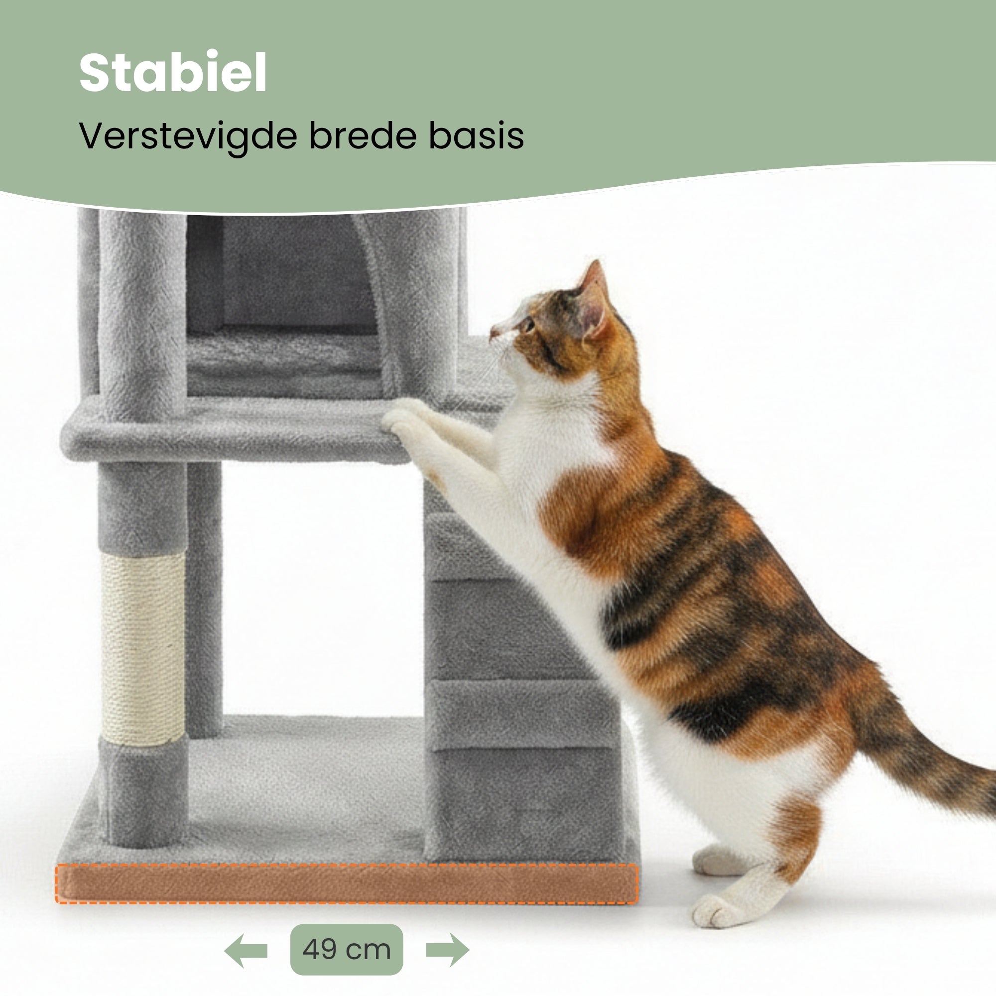 Krabpaal – Ook voor kittens en senior katten – Compact- Modern - Lichtgrijs – 49 x49 x 97 cm met stabiele basis en krassende kat in galerijpositie 1