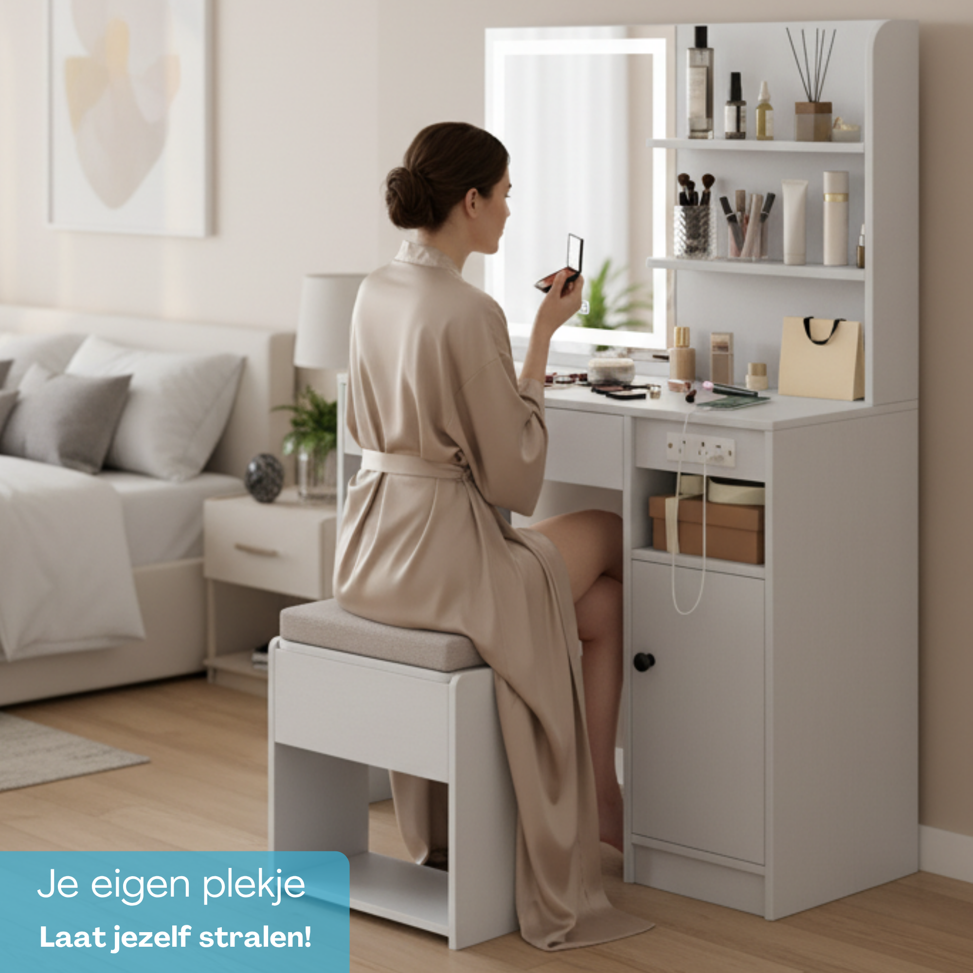 Make-up tafel kaptafel met hocker met LED-spiegel 90x40x136 cm – elegant en functioneel in moderne slaapkamer setting