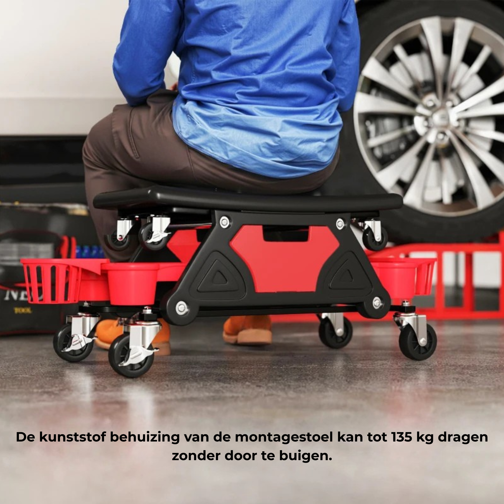 Ergonomische zadelkruk werkplaatskruk op wielen 86×33 cm met kunststof behuizing en stevige zitting voor werkplaatsgebruik